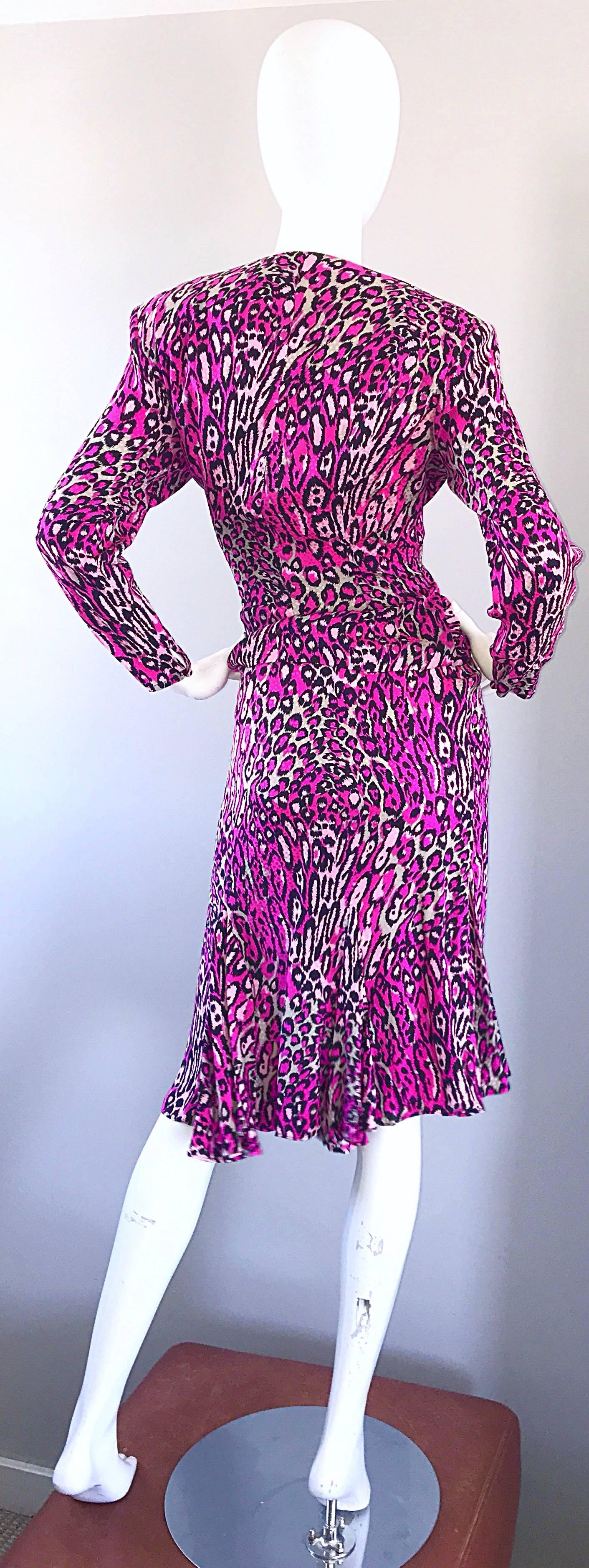 Women's Vintage Flora Kung Hot Pink Leopard 1990s Size 6 Blouse and Skirt 90s Dress Set