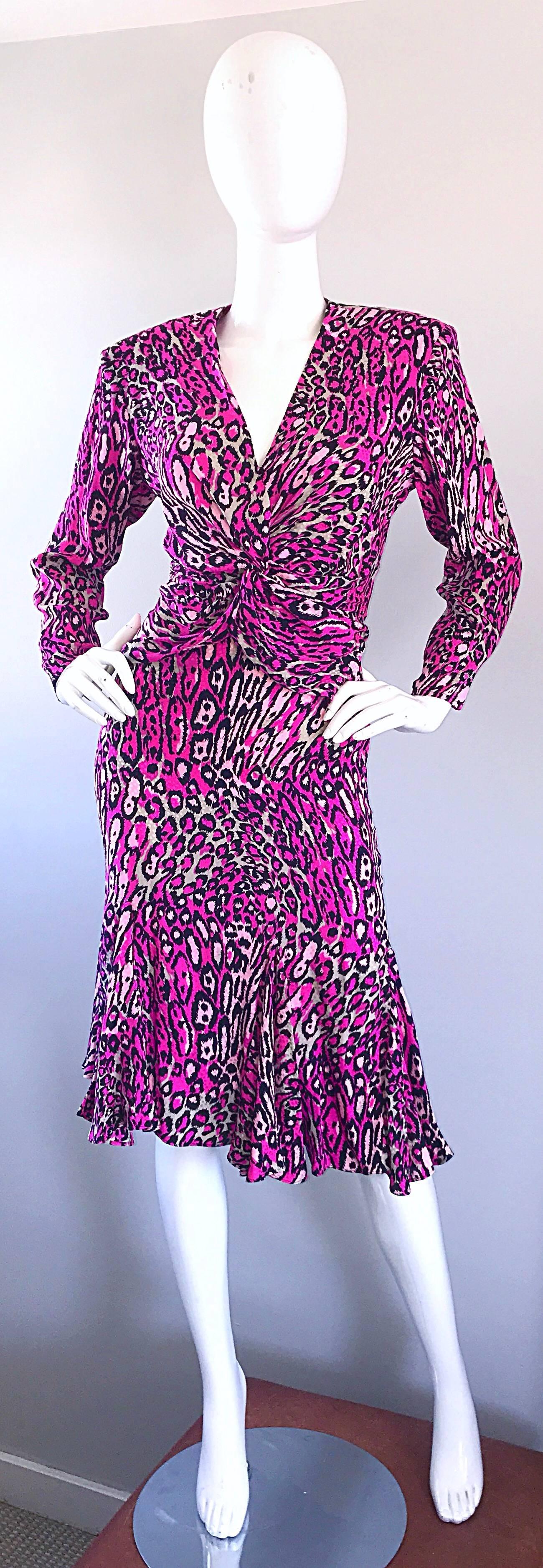 Vintage Flora Kung Hot Pink Leopard 1990s Size 6 Blouse and Skirt 90s Dress Set 2