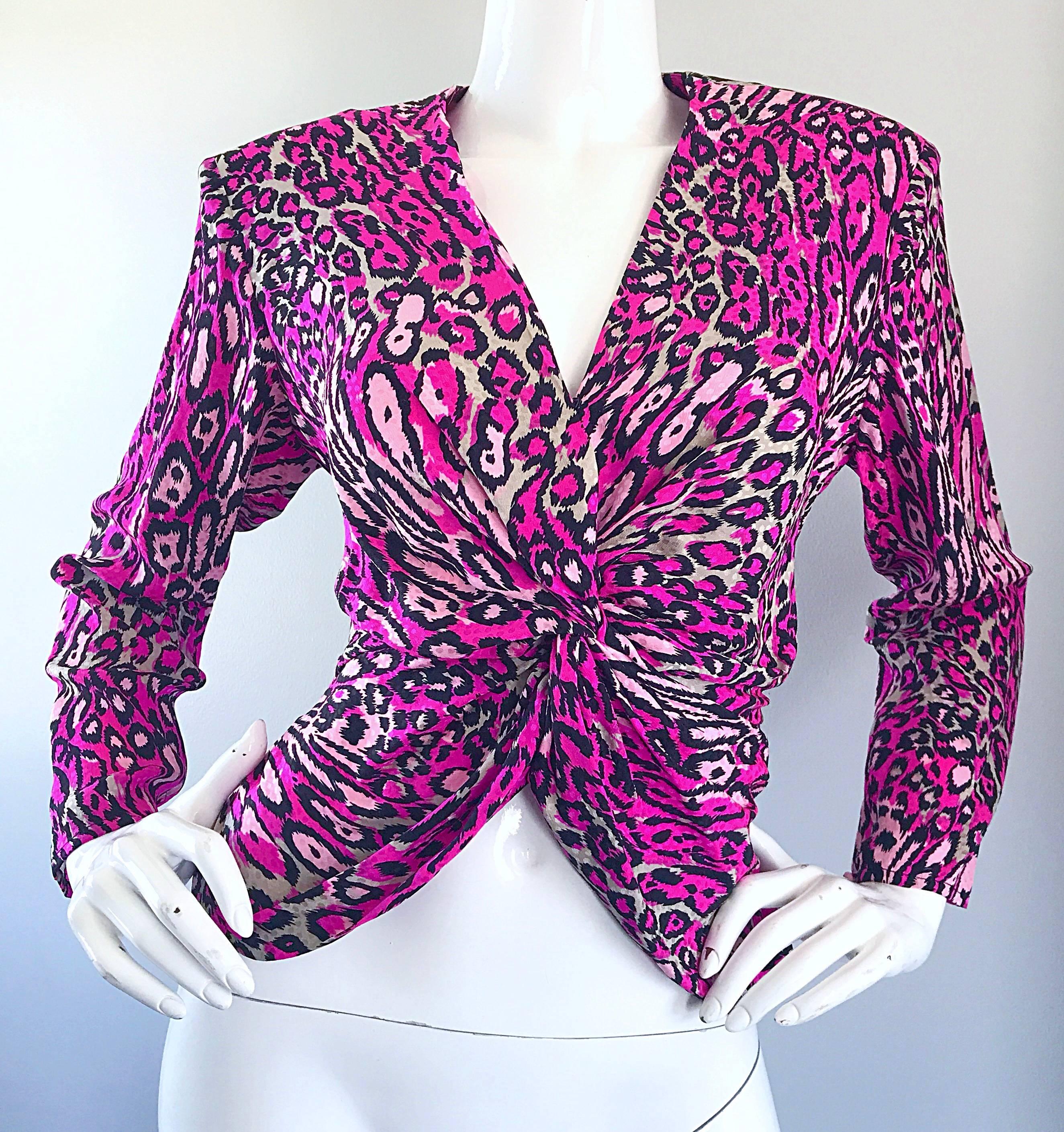 Vintage Flora Kung Hot Pink Leopard 1990s Size 6 Blouse and Skirt 90s Dress Set 3