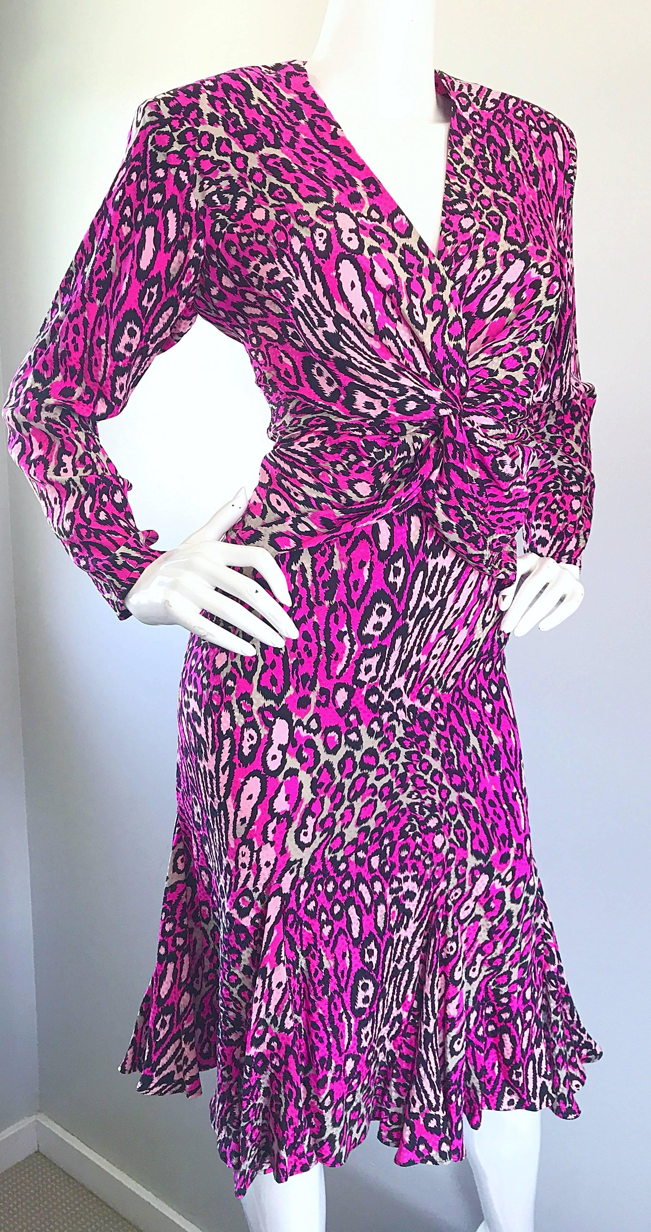 Vintage Flora Kung Hot Pink Leopard 1990s Size 6 Blouse and Skirt 90s Dress Set 4