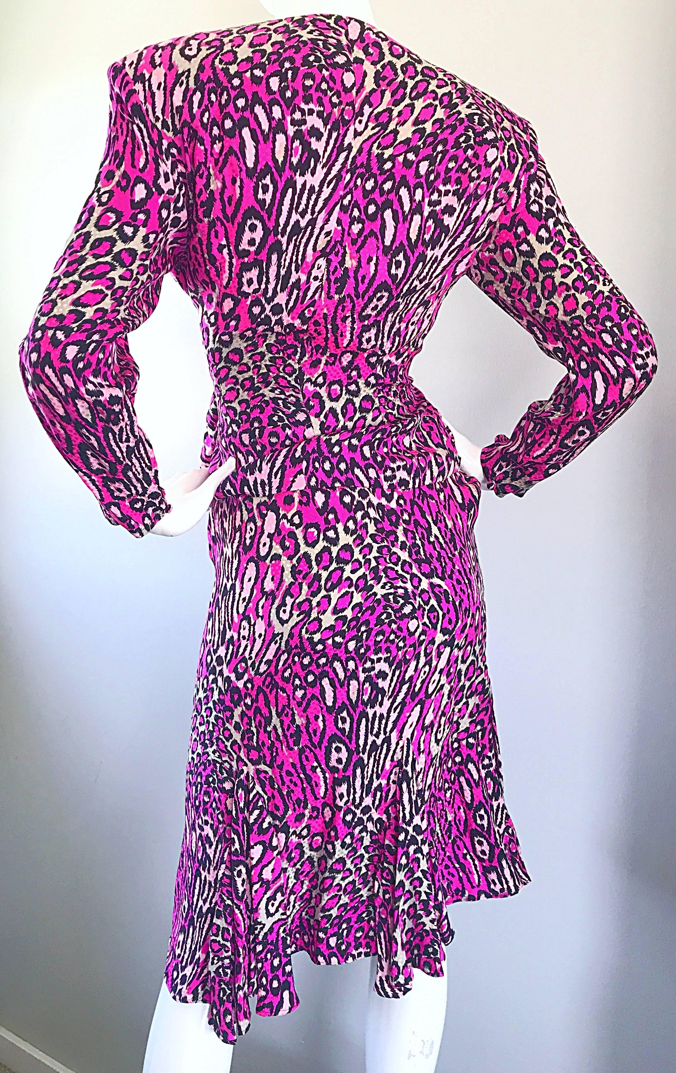 Vintage Flora Kung Hot Pink Leopard 1990s Size 6 Blouse and Skirt 90s Dress Set 5