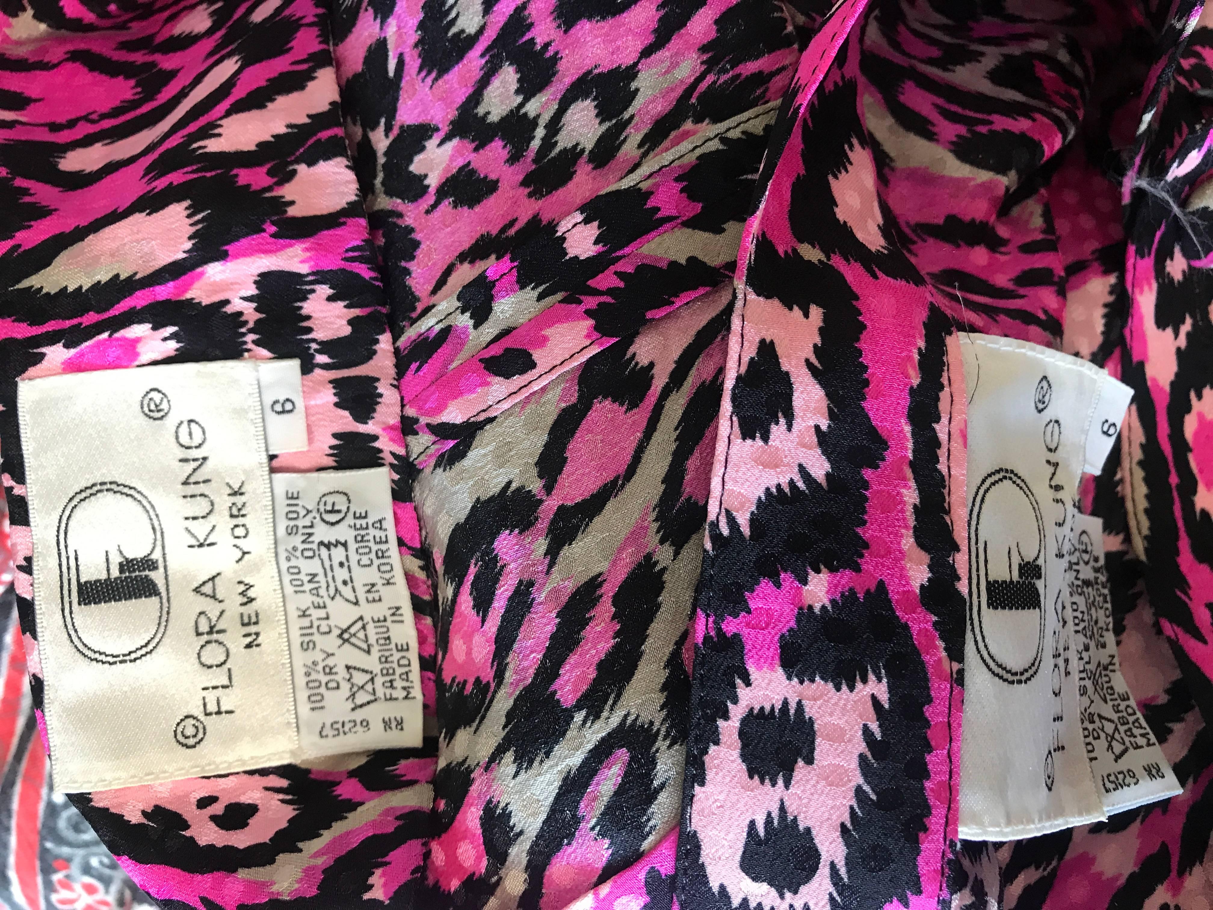 Vintage Flora Kung Hot Pink Leopard 1990s Size 6 Blouse and Skirt 90s Dress Set 6