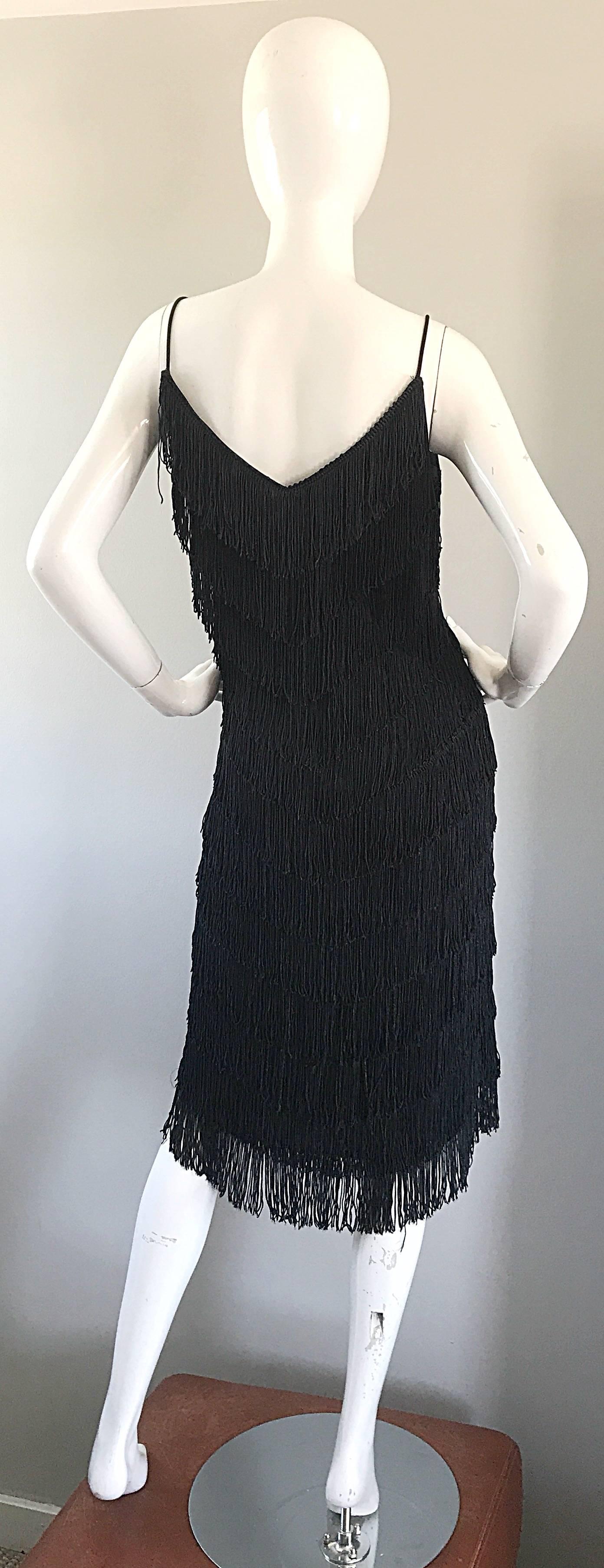 1970s Joy Stevens Fully Fringed 70s Does 20s Black Jersey Vintage Flapper Dress In Excellent Condition For Sale In San Diego, CA