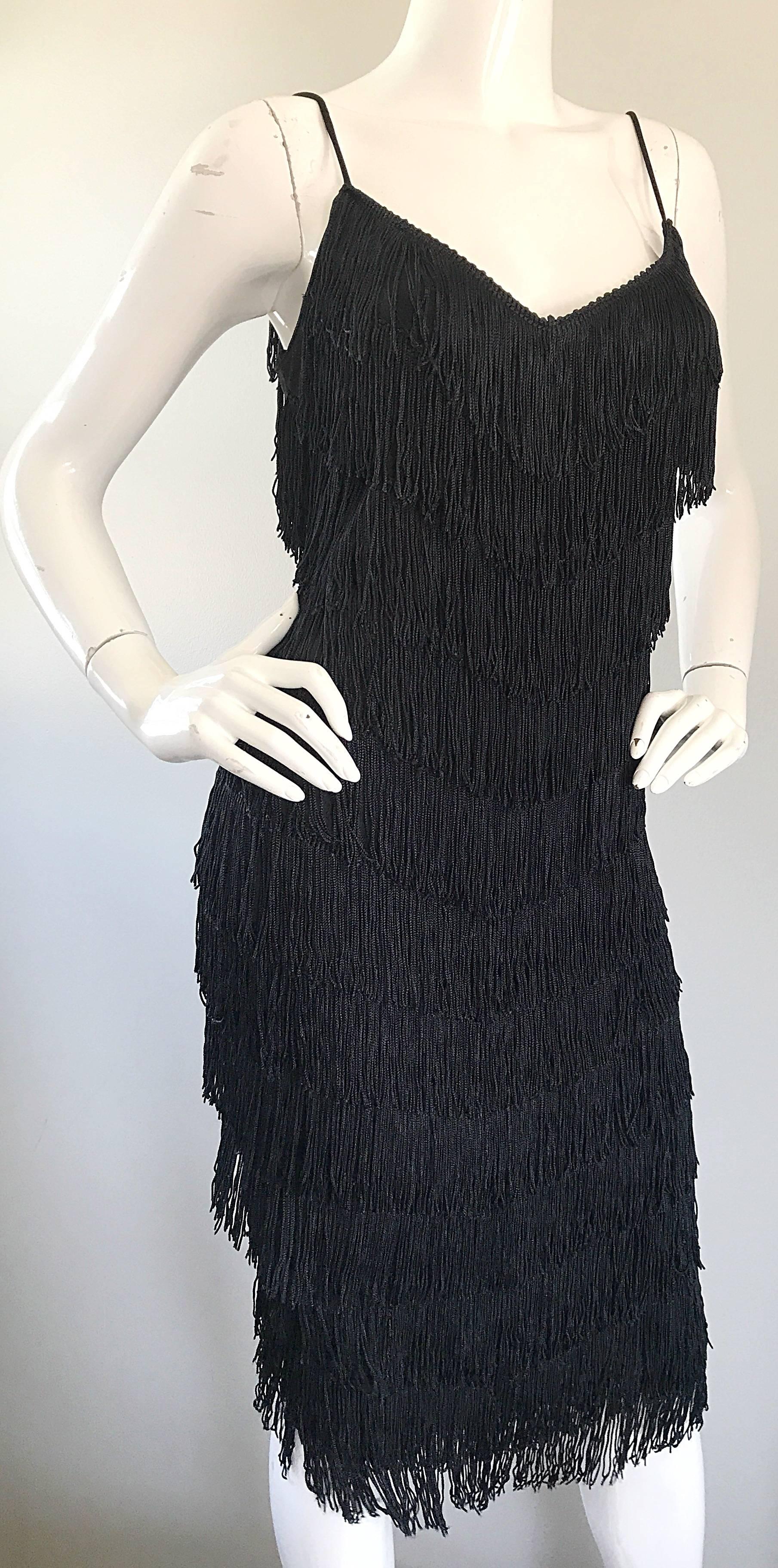 Women's 1970s Joy Stevens Fully Fringed 70s Does 20s Black Jersey Vintage Flapper Dress For Sale
