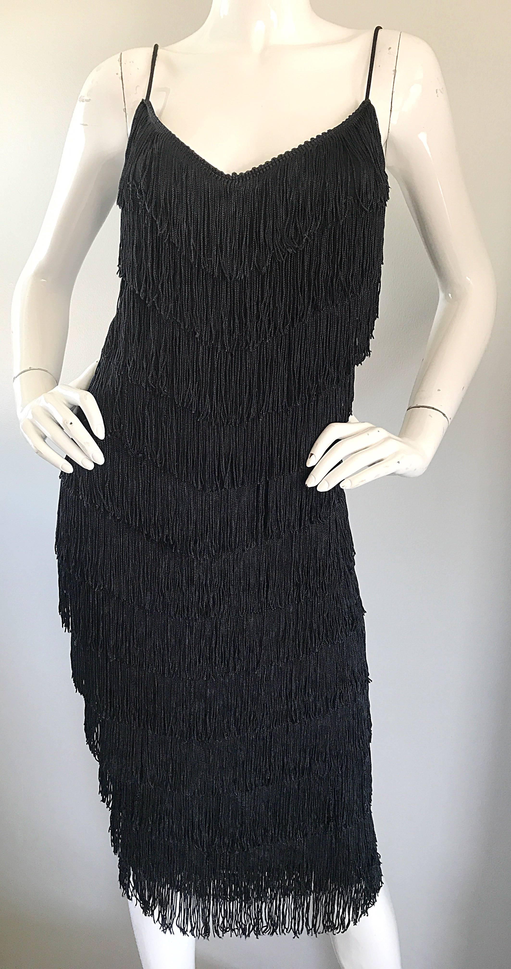 1970s Joy Stevens Fully Fringed 70s Does 20s Black Jersey Vintage Flapper Dress For Sale 1
