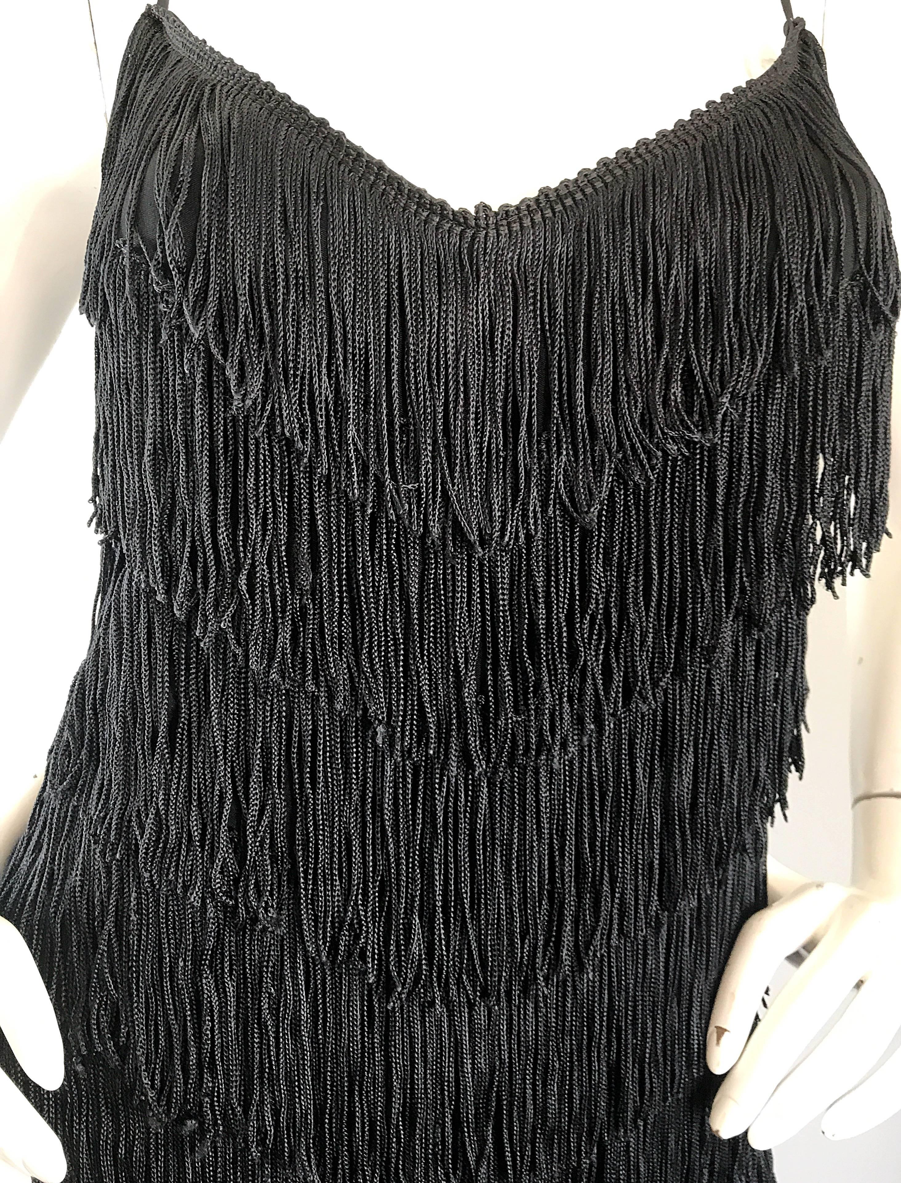 1970s Joy Stevens Fully Fringed 70s Does 20s Black Jersey Vintage Flapper Dress For Sale 3