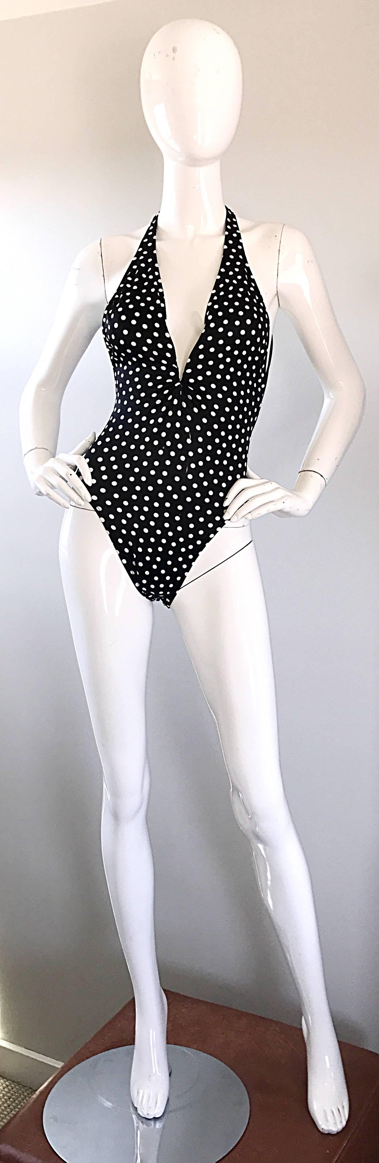 Vintage Bill Blass 1990s Black and White Polka Dot 90s Sexy Swimsuit Bodysuit In Excellent Condition In San Diego, CA