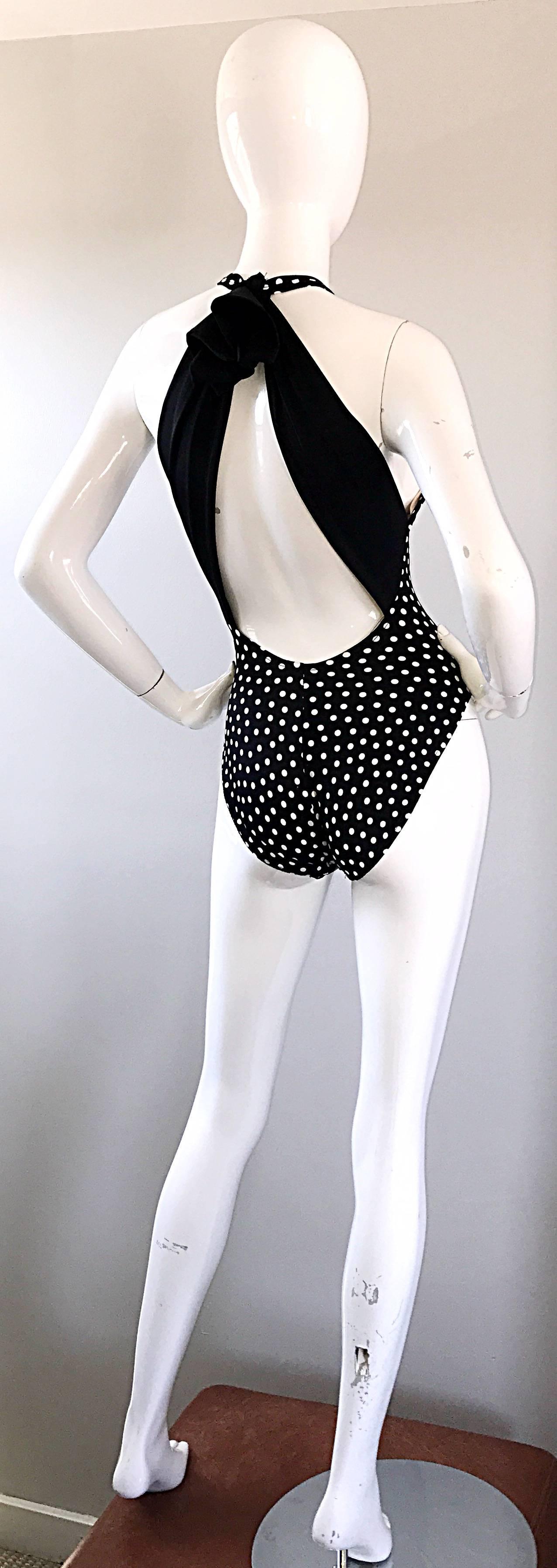 Women's Vintage Bill Blass 1990s Black and White Polka Dot 90s Sexy Swimsuit Bodysuit