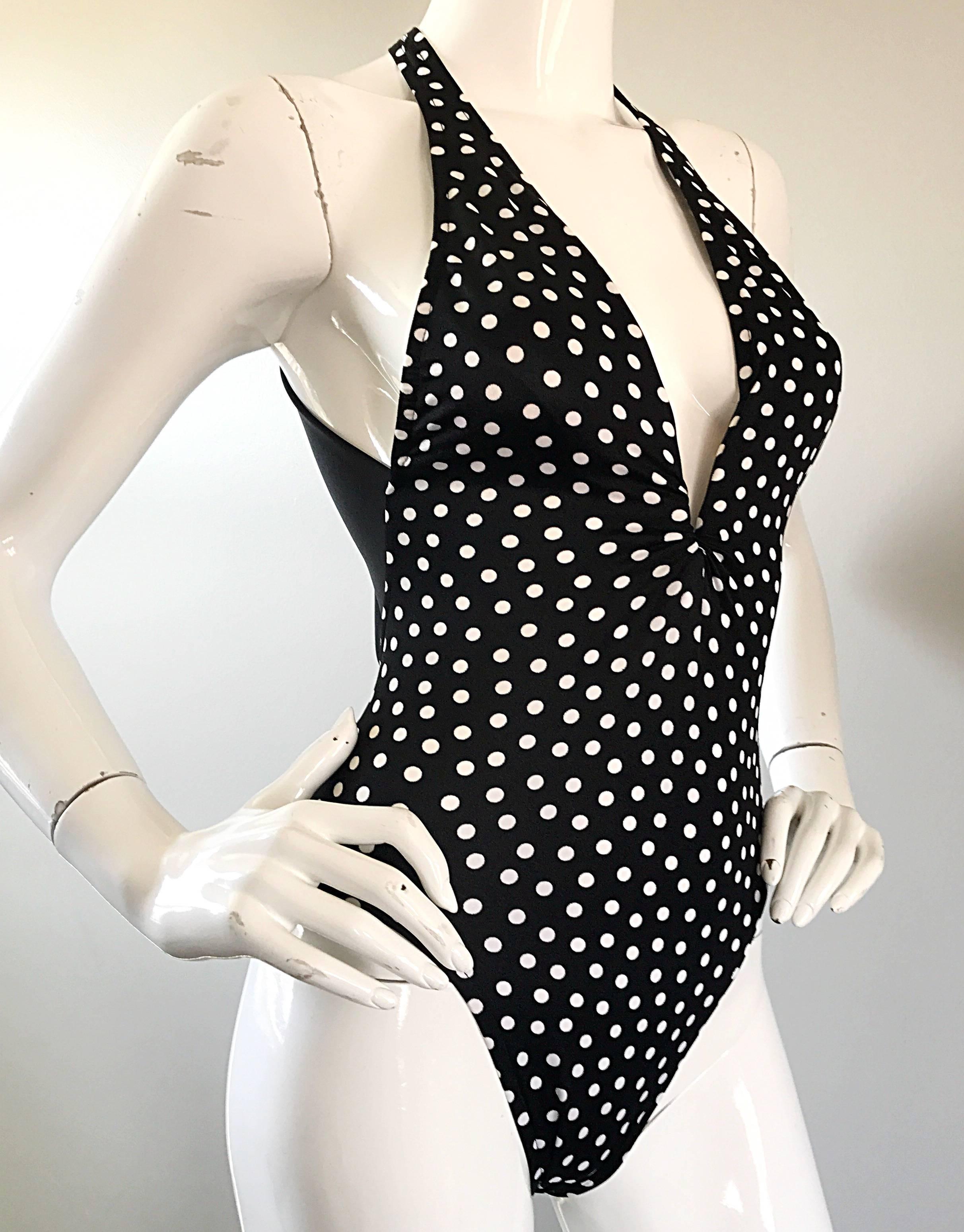 Vintage Bill Blass 1990s Black and White Polka Dot 90s Sexy Swimsuit Bodysuit 1