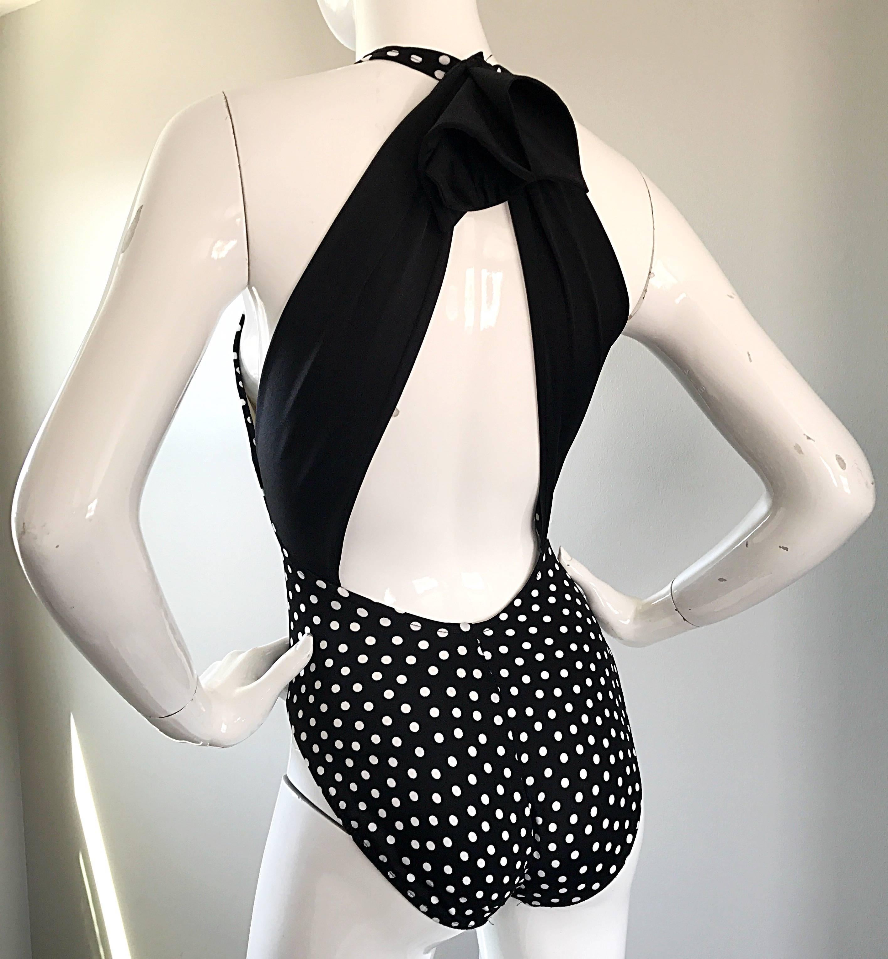 Vintage Bill Blass 1990s Black and White Polka Dot 90s Sexy Swimsuit Bodysuit 2