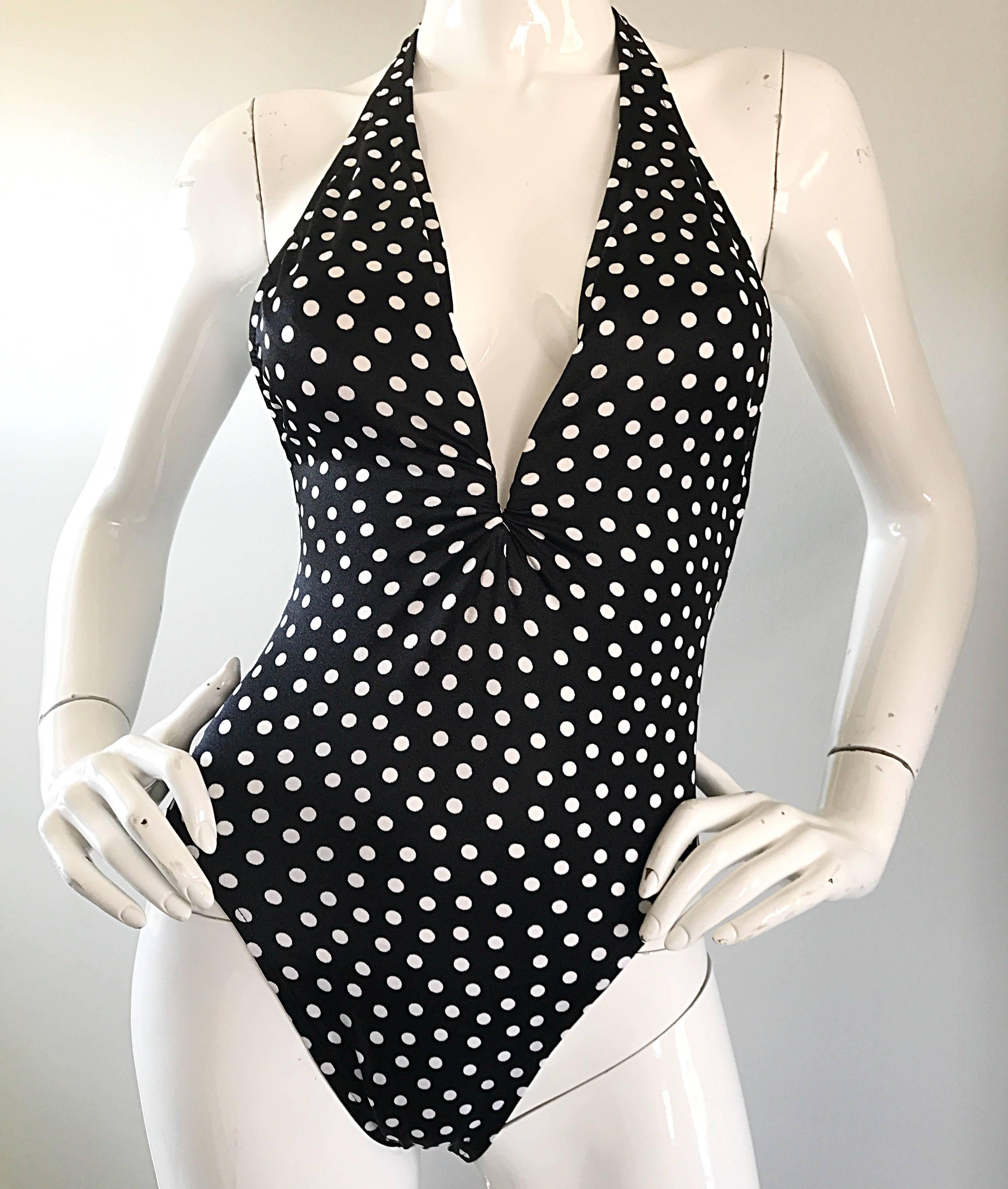 Vintage Bill Blass 1990s Black and White Polka Dot 90s Sexy Swimsuit Bodysuit 3
