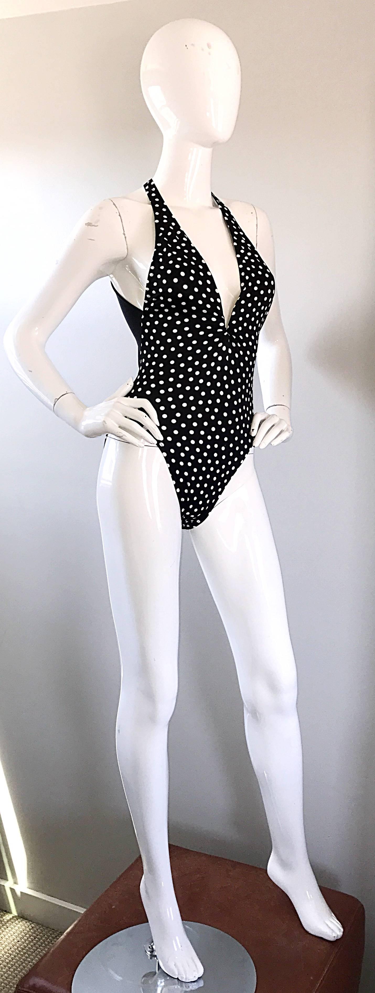 Vintage Bill Blass 1990s Black and White Polka Dot 90s Sexy Swimsuit Bodysuit 6