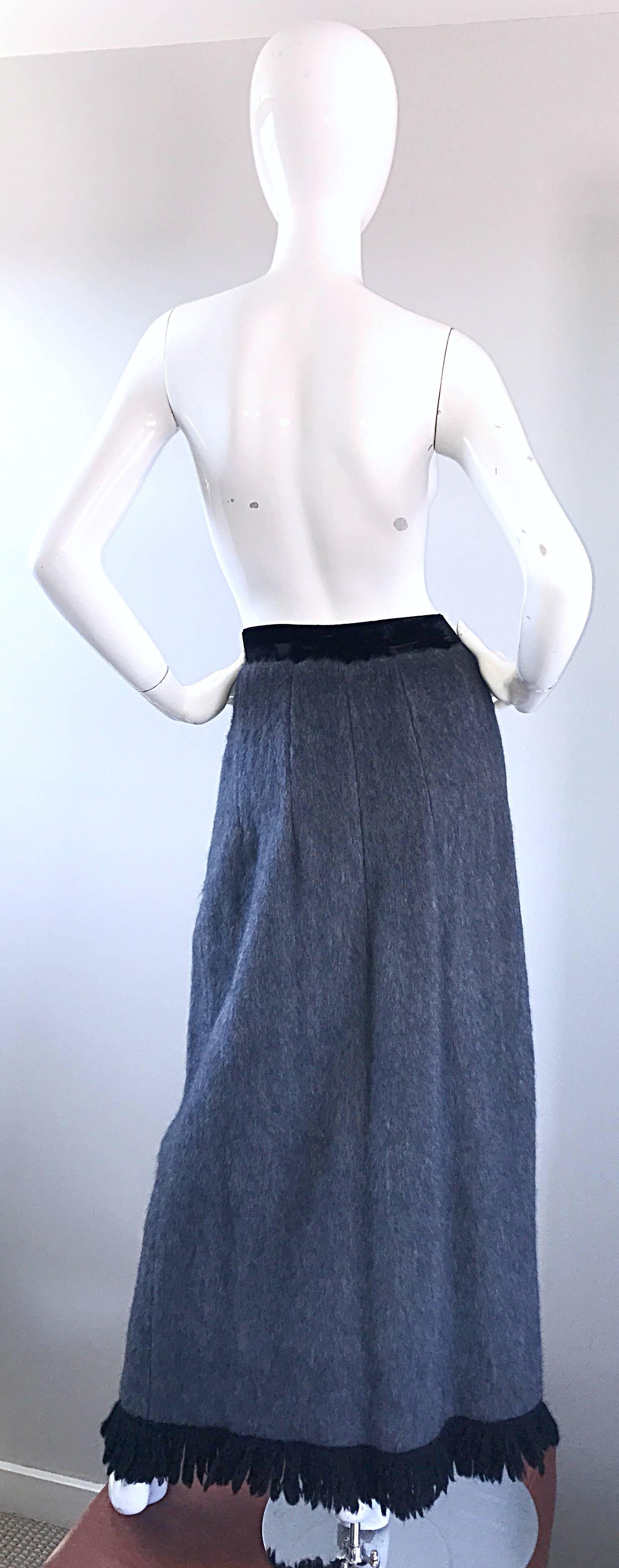 1960s French Made Teal Blue Gray Ivory Color Block Fringe Vintage Maxi Skirt In Excellent Condition For Sale In San Diego, CA