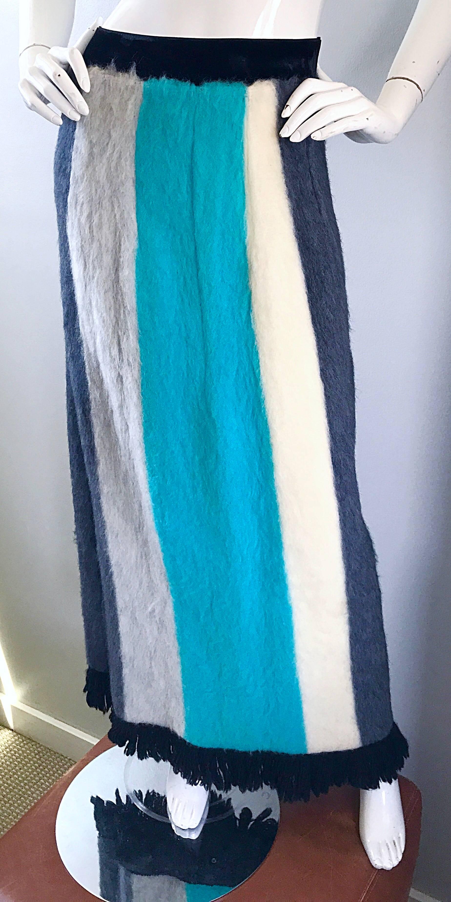 Women's 1960s French Made Teal Blue Gray Ivory Color Block Fringe Vintage Maxi Skirt For Sale
