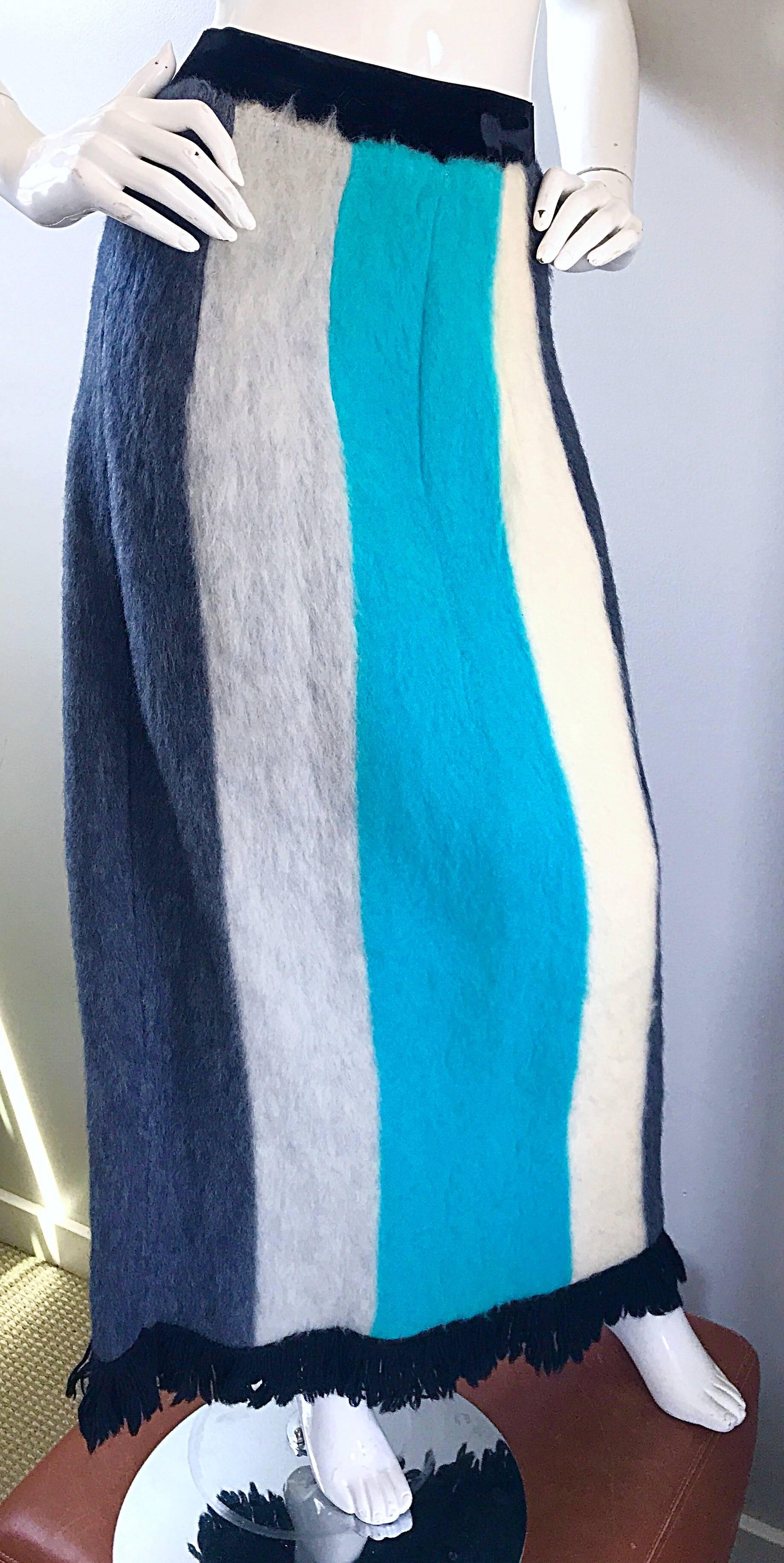 1960s French Made Teal Blue Gray Ivory Color Block Fringe Vintage Maxi Skirt For Sale 1