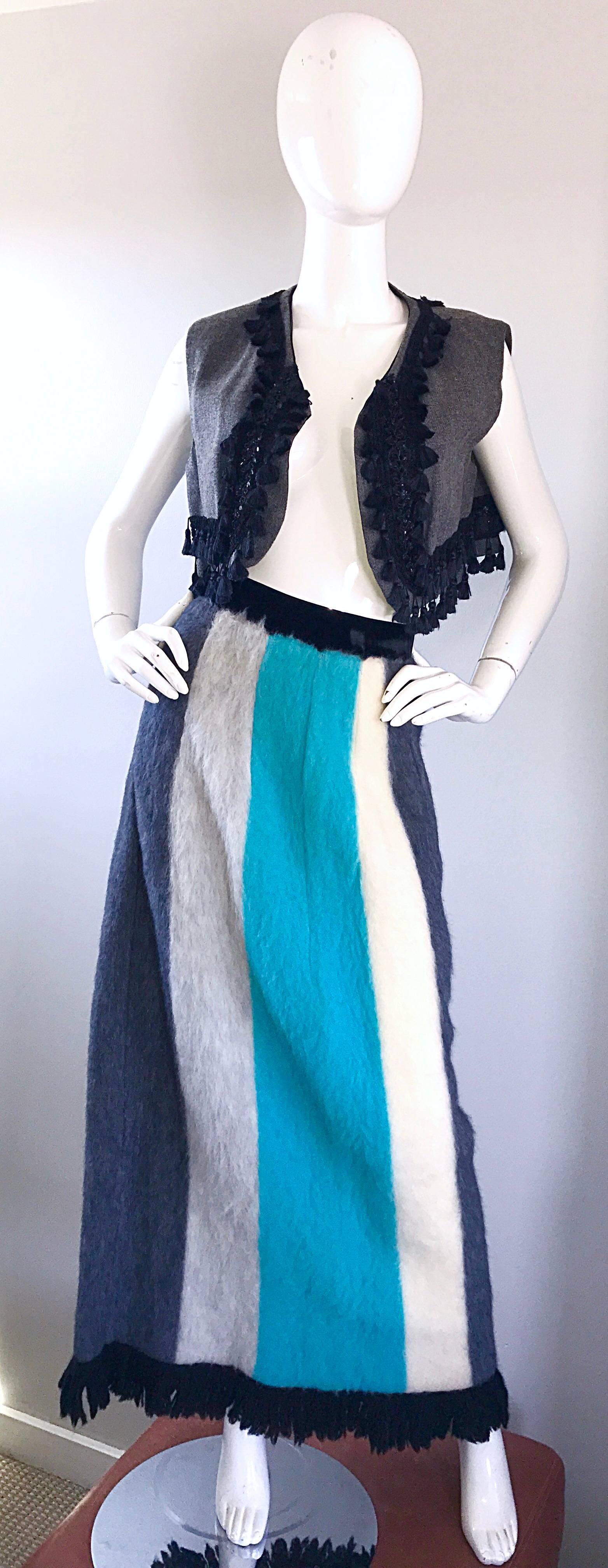 1960s French Made Teal Blue Gray Ivory Color Block Fringe Vintage Maxi Skirt For Sale 2