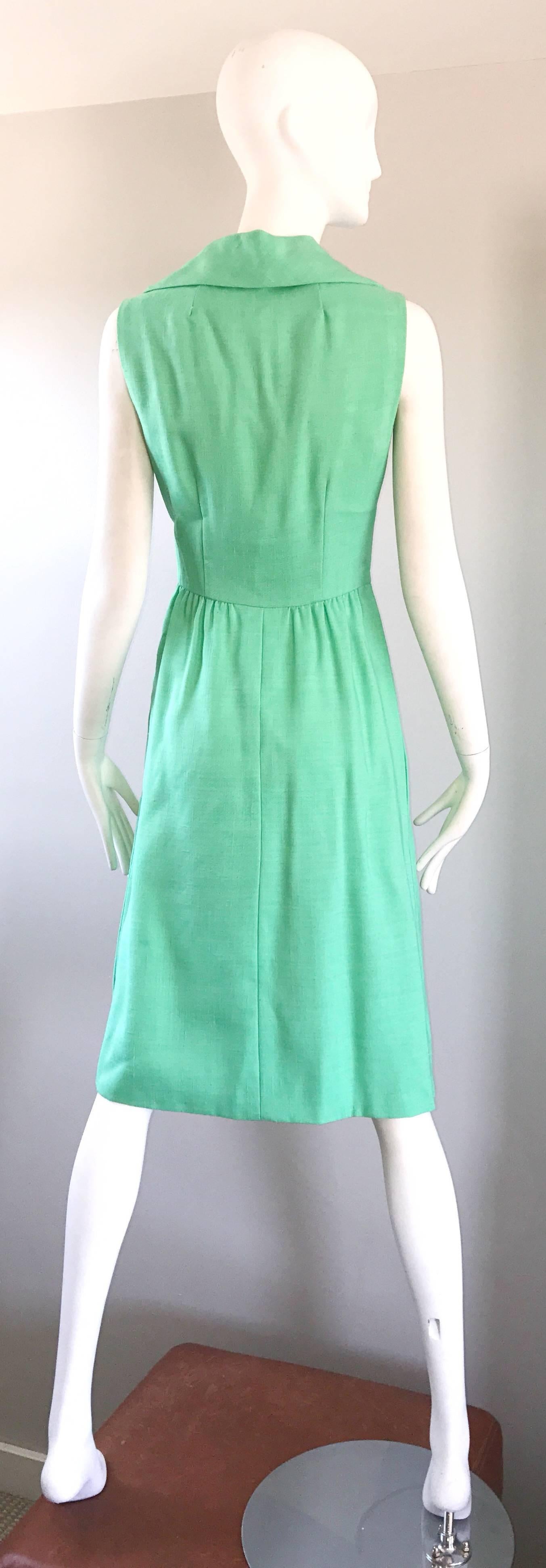 Women's 1950s Mollie Parnis Sorbet Light Green Linen Mint Vintage 50s Shirt Dress