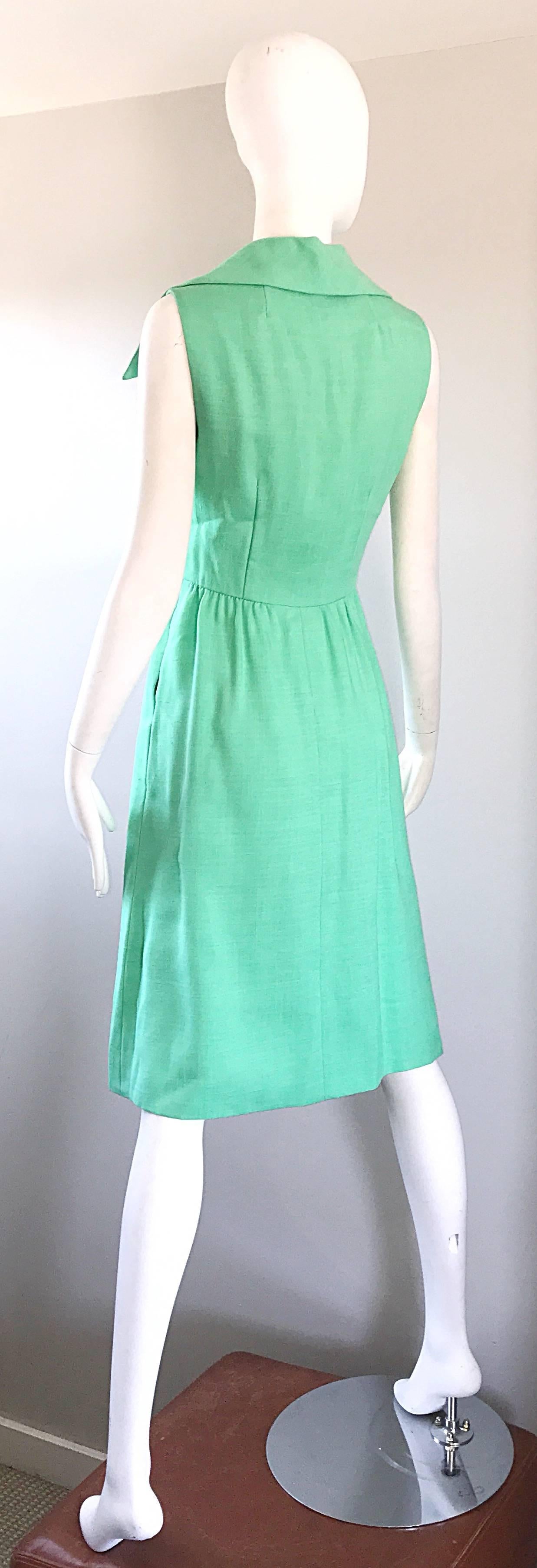 1950s Mollie Parnis Sorbet Light Green Linen Mint Vintage 50s Shirt Dress 1
