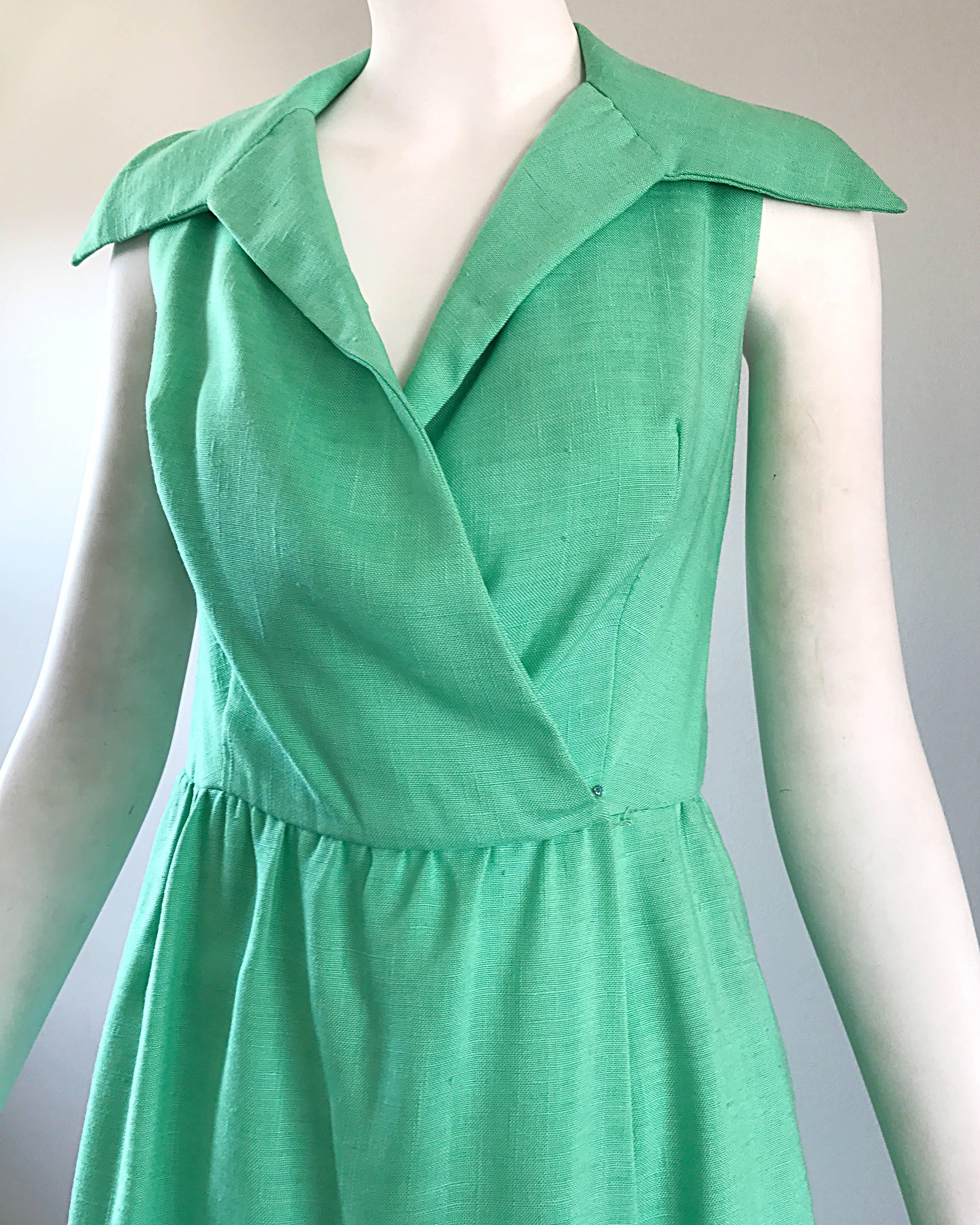 1950s Mollie Parnis Sorbet Light Green Linen Mint Vintage 50s Shirt Dress 3