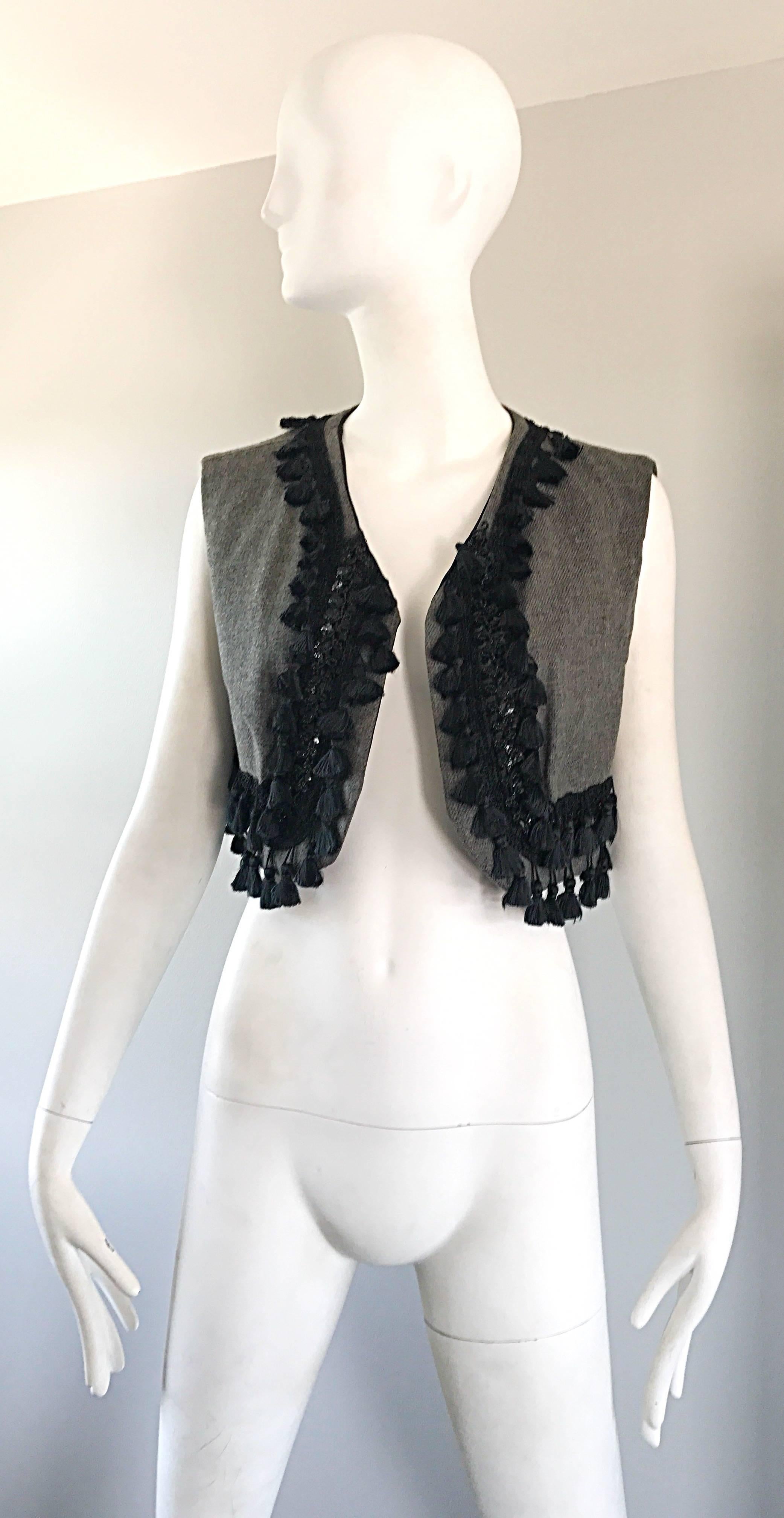Amazing 1960s Charcoal Gray + Black Sequined Beaded Tassel Matador Cropped Vest  In Excellent Condition For Sale In San Diego, CA