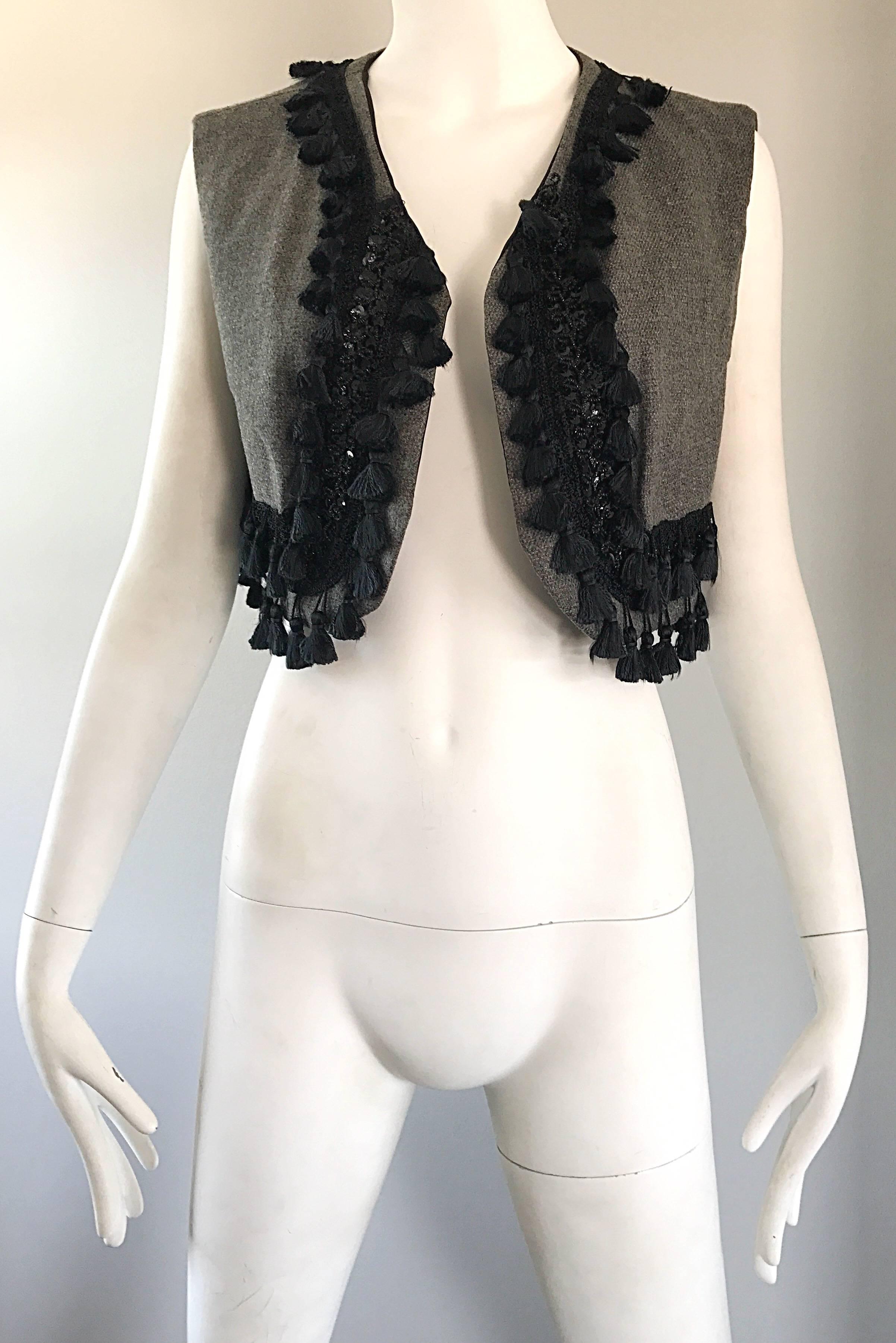 Women's Amazing 1960s Charcoal Gray + Black Sequined Beaded Tassel Matador Cropped Vest  For Sale