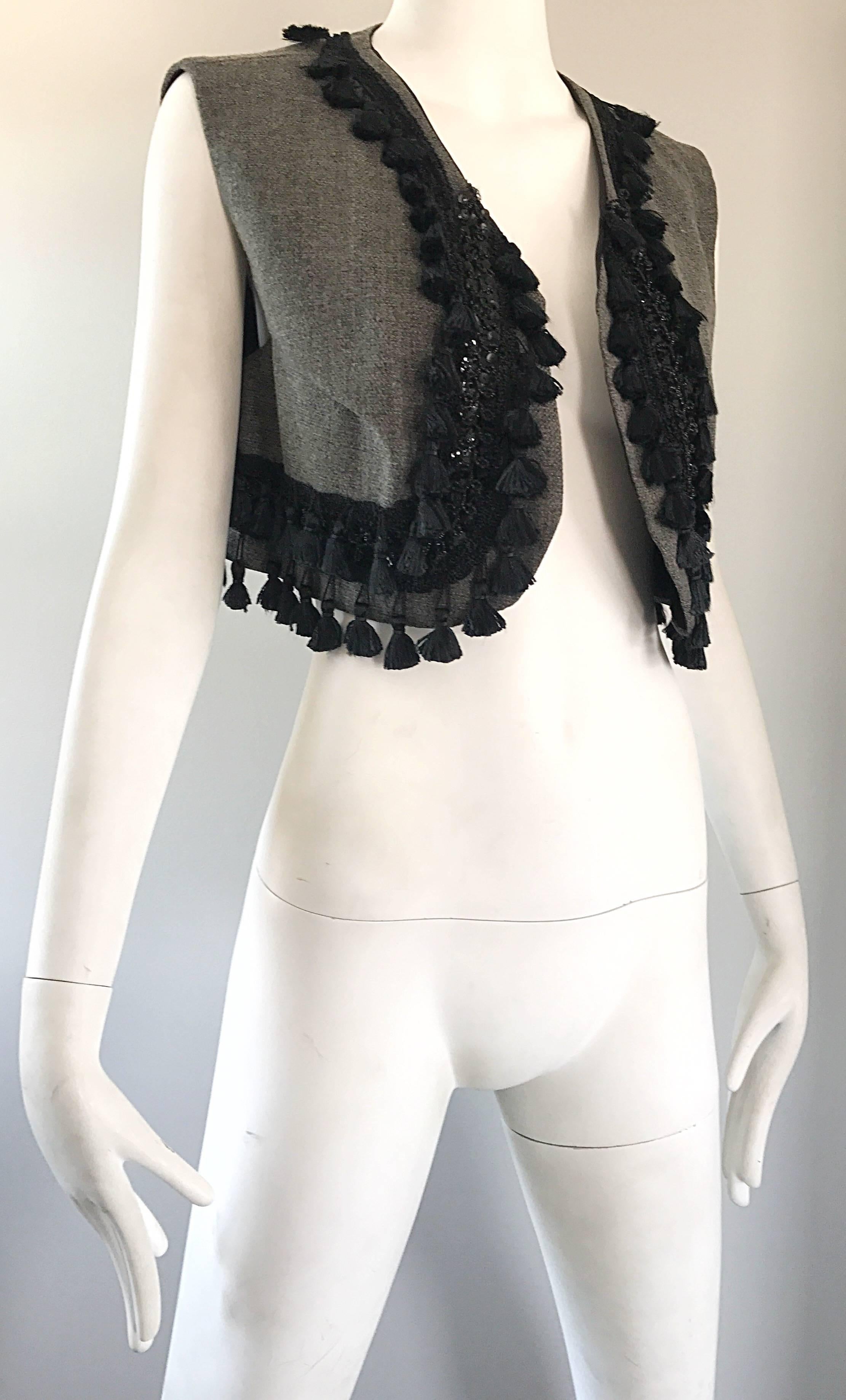 Amazing 1960s Charcoal Gray + Black Sequined Beaded Tassel Matador Cropped Vest  For Sale 1