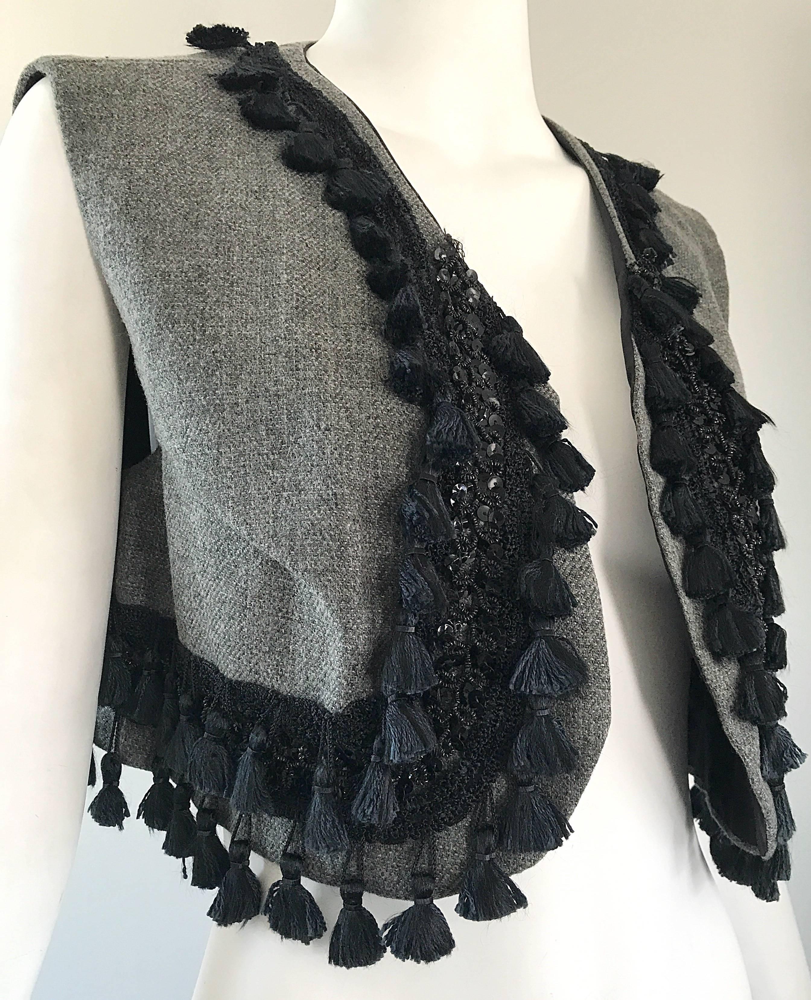 Amazing 1960s Charcoal Gray + Black Sequined Beaded Tassel Matador Cropped Vest  For Sale 3