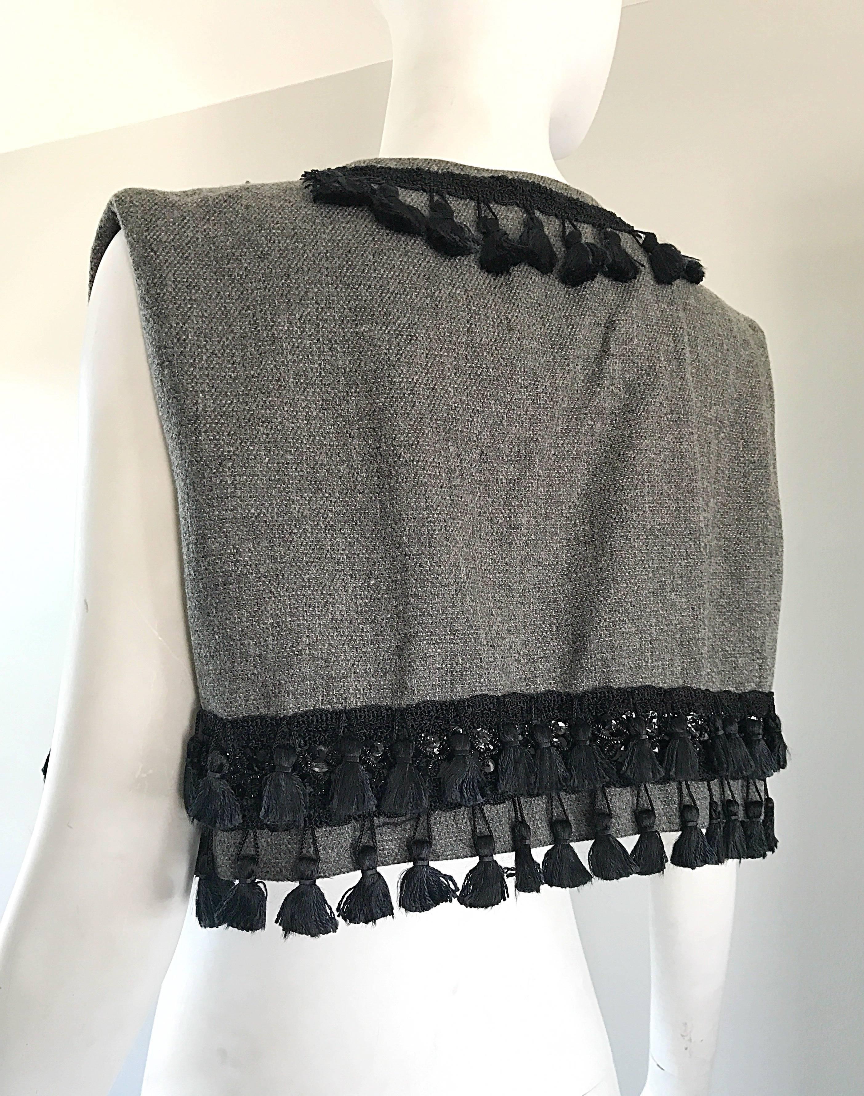 Amazing 1960s Charcoal Gray + Black Sequined Beaded Tassel Matador Cropped Vest For Sale 4