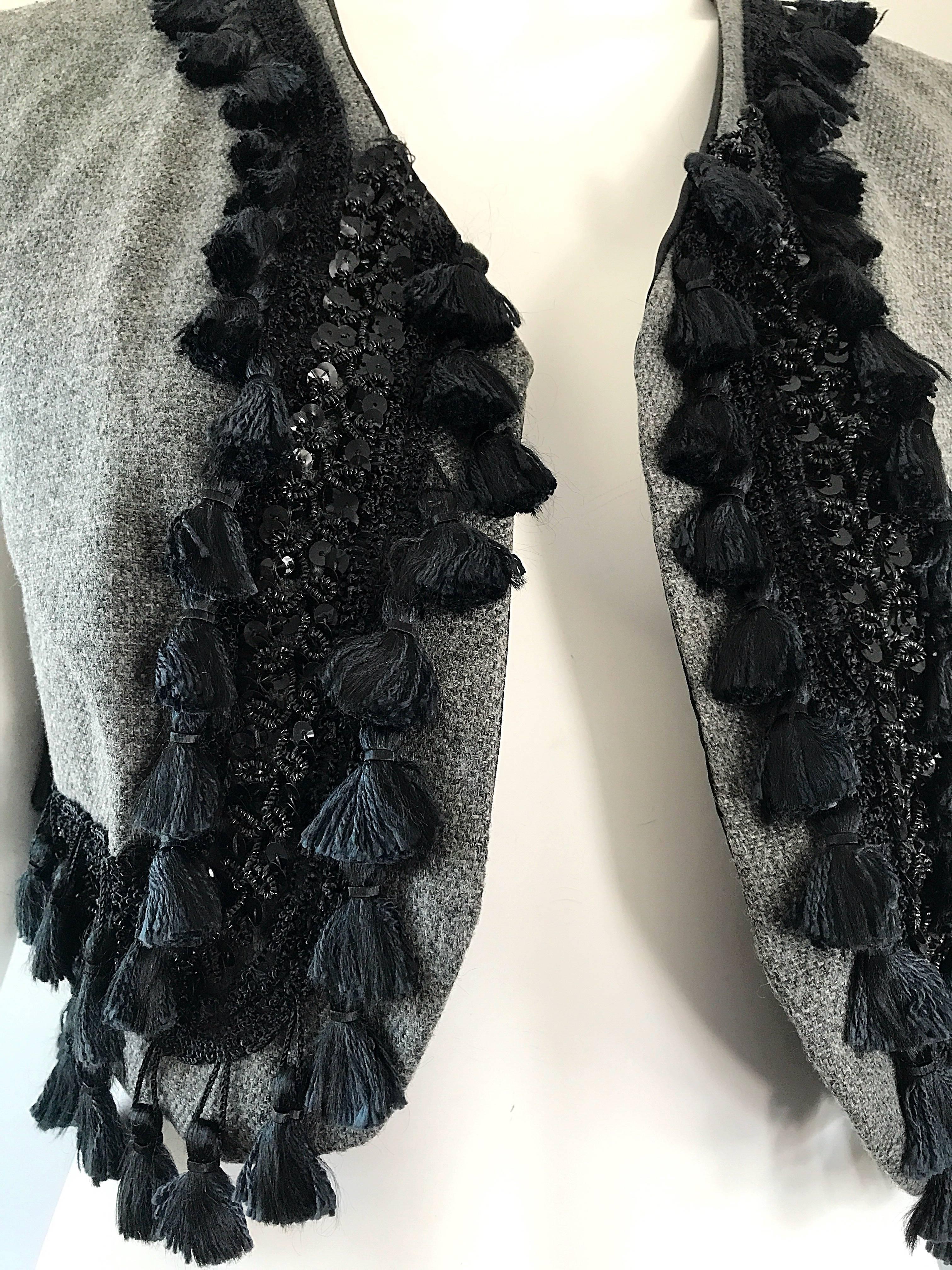 Amazing 1960s Charcoal Gray + Black Sequined Beaded Tassel Matador Cropped Vest  For Sale 5
