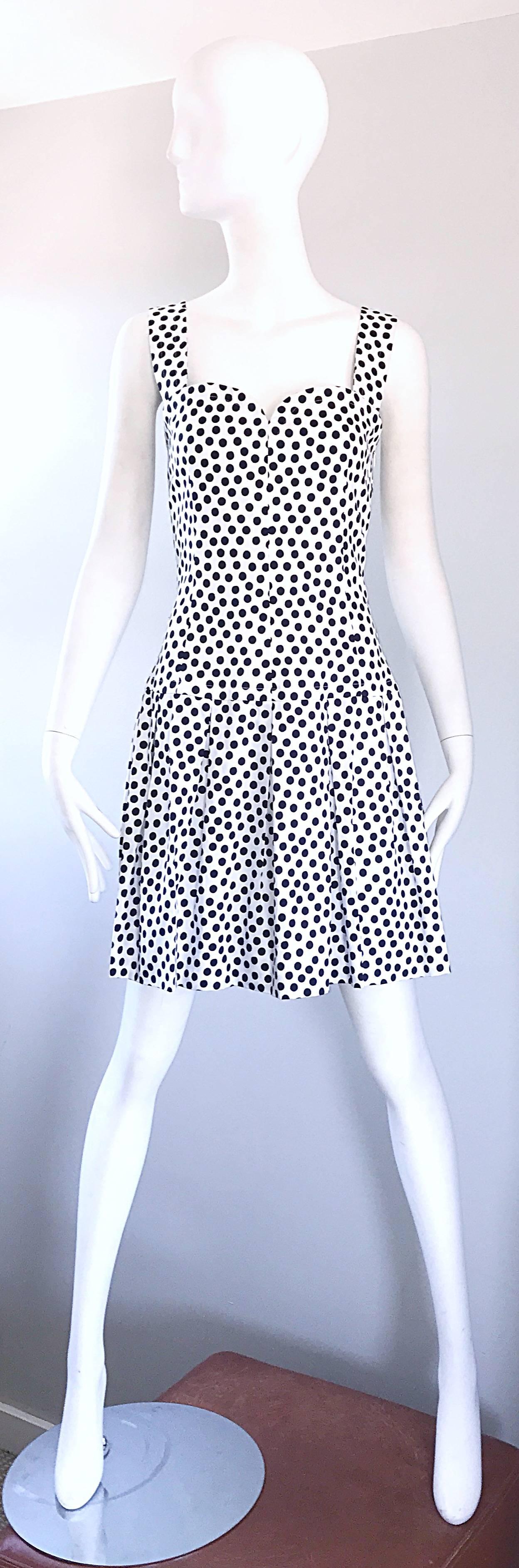 navy blue and white polka dot dress