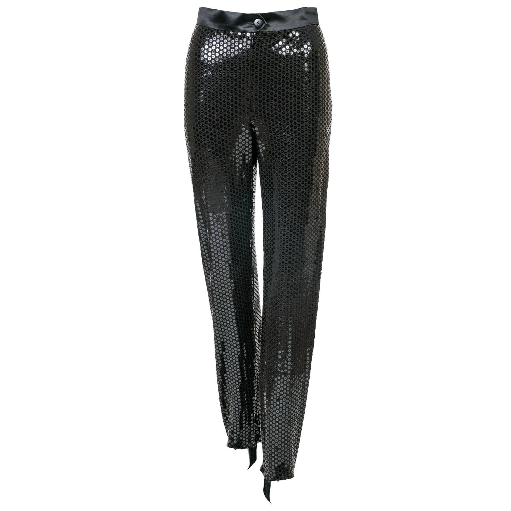  1980s Fabulous Vintage Escada High Waist  Black Sequin Stirrup Pants with Tags For Sale