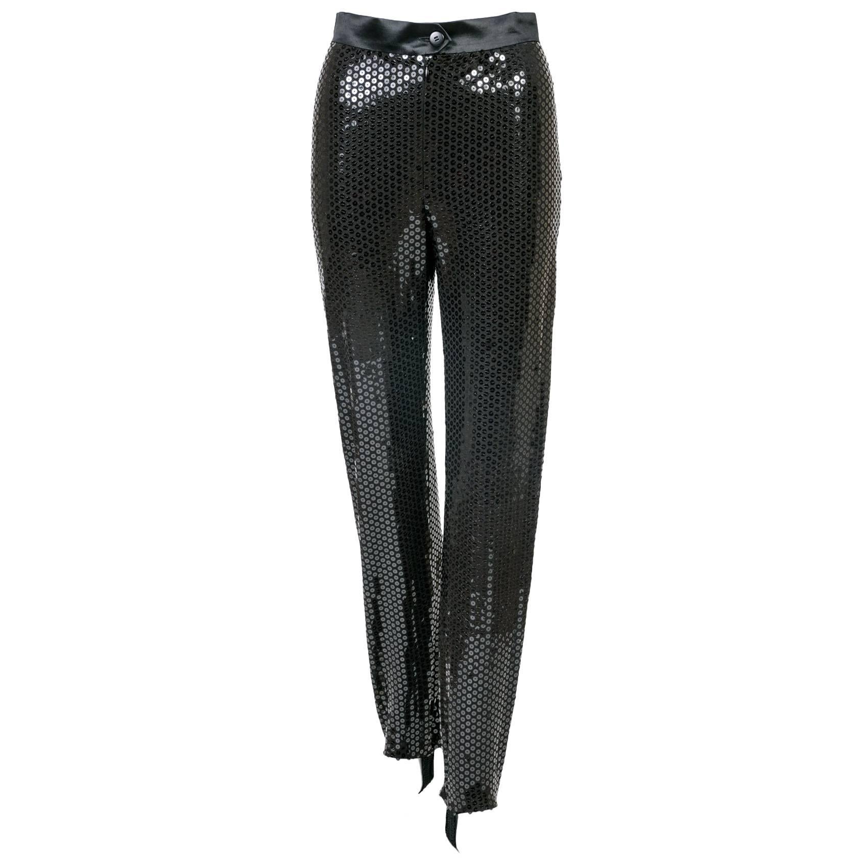 1980s Fabulous Vintage Escada High Waist  Black Sequin Stirrup Pants with Tags For Sale