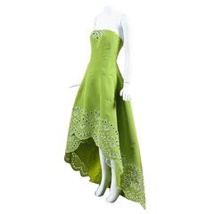 Oscar de la Renta S15 Green Silk Sequined Eyelet High Low Strapless Gown SZ 2