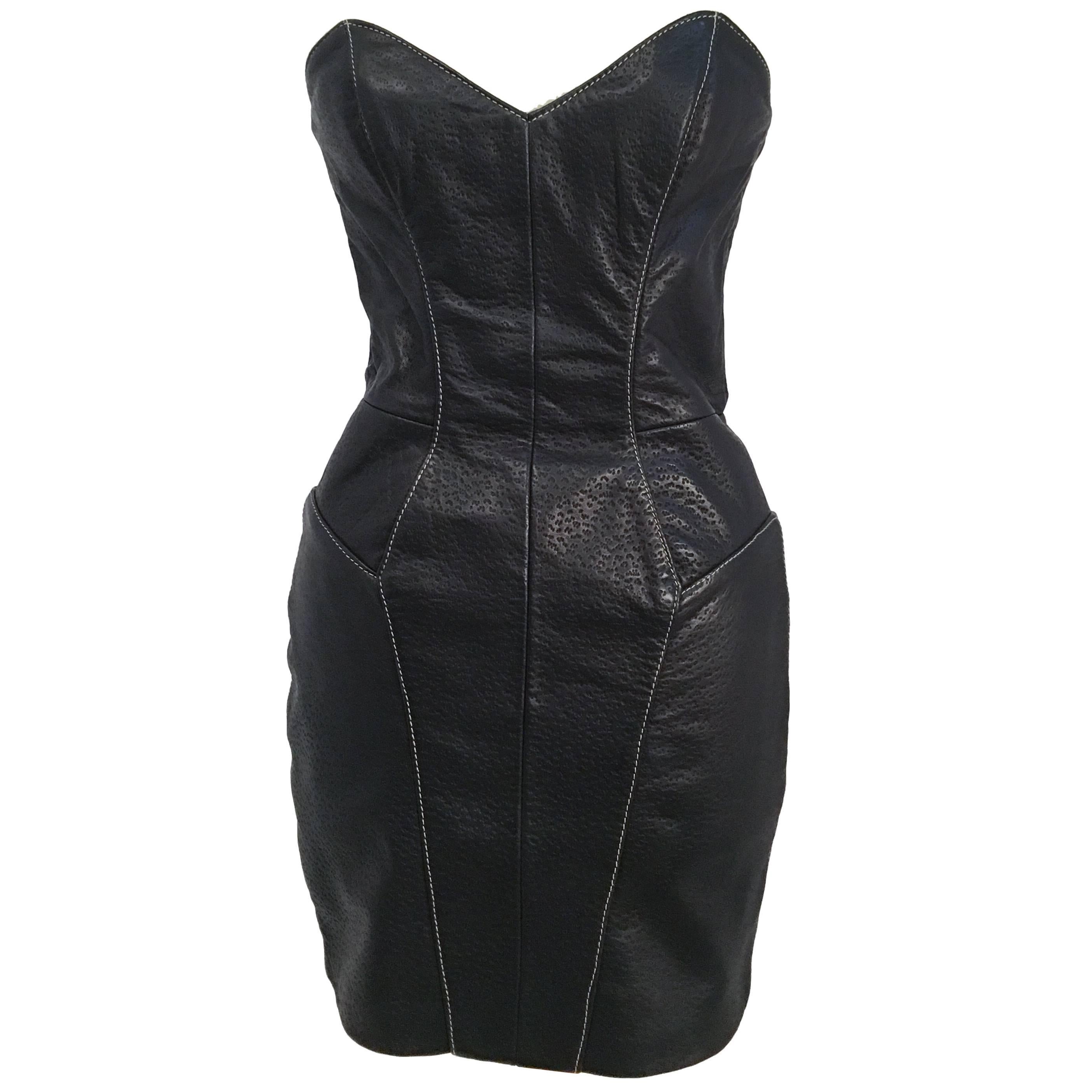 80s Michael Hoban North Beach Leather Black Lamb Skin Dress & Jacket Set For Sale