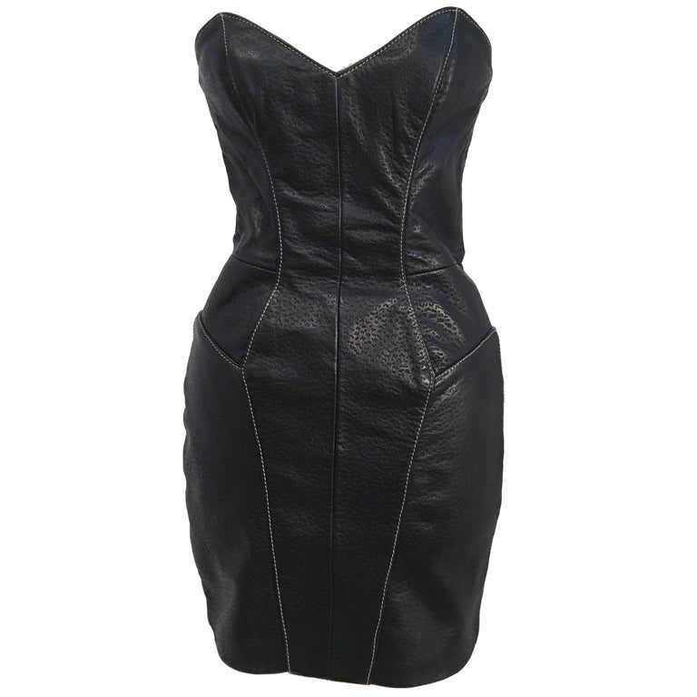 chinese dress ladies Vintage North Beach Leather Michael Hoban Fur Trimmed Leather Strapless  Sheath Dress  Recess
