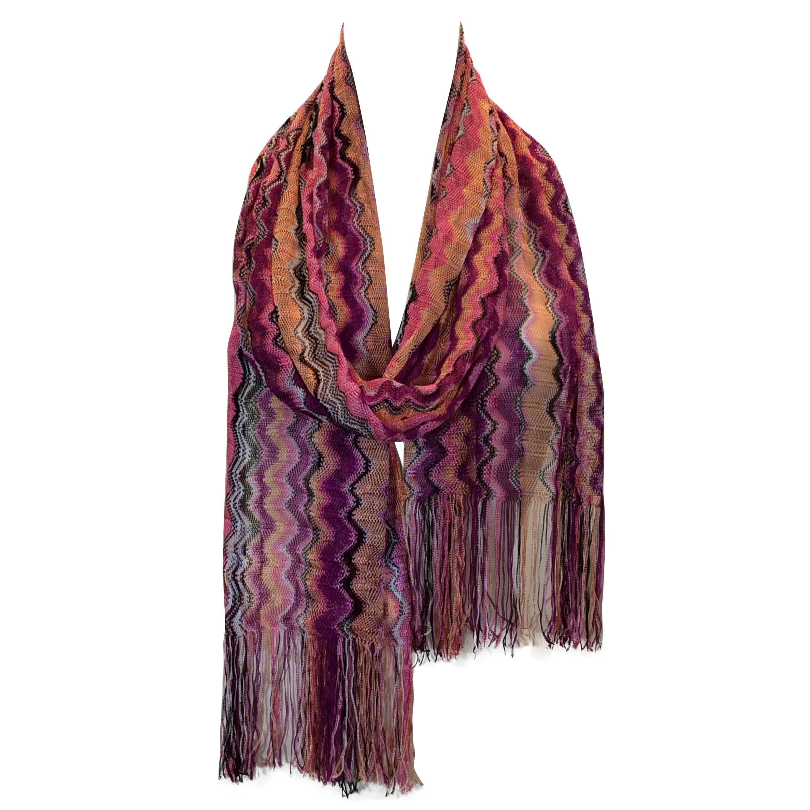 Missoni Pink Chevron Knitted Scarf with Fringe For Sale