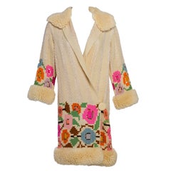 French Art Deco Couture Ivory Wool and  Silk Floral Flapper Coat, 1920s 