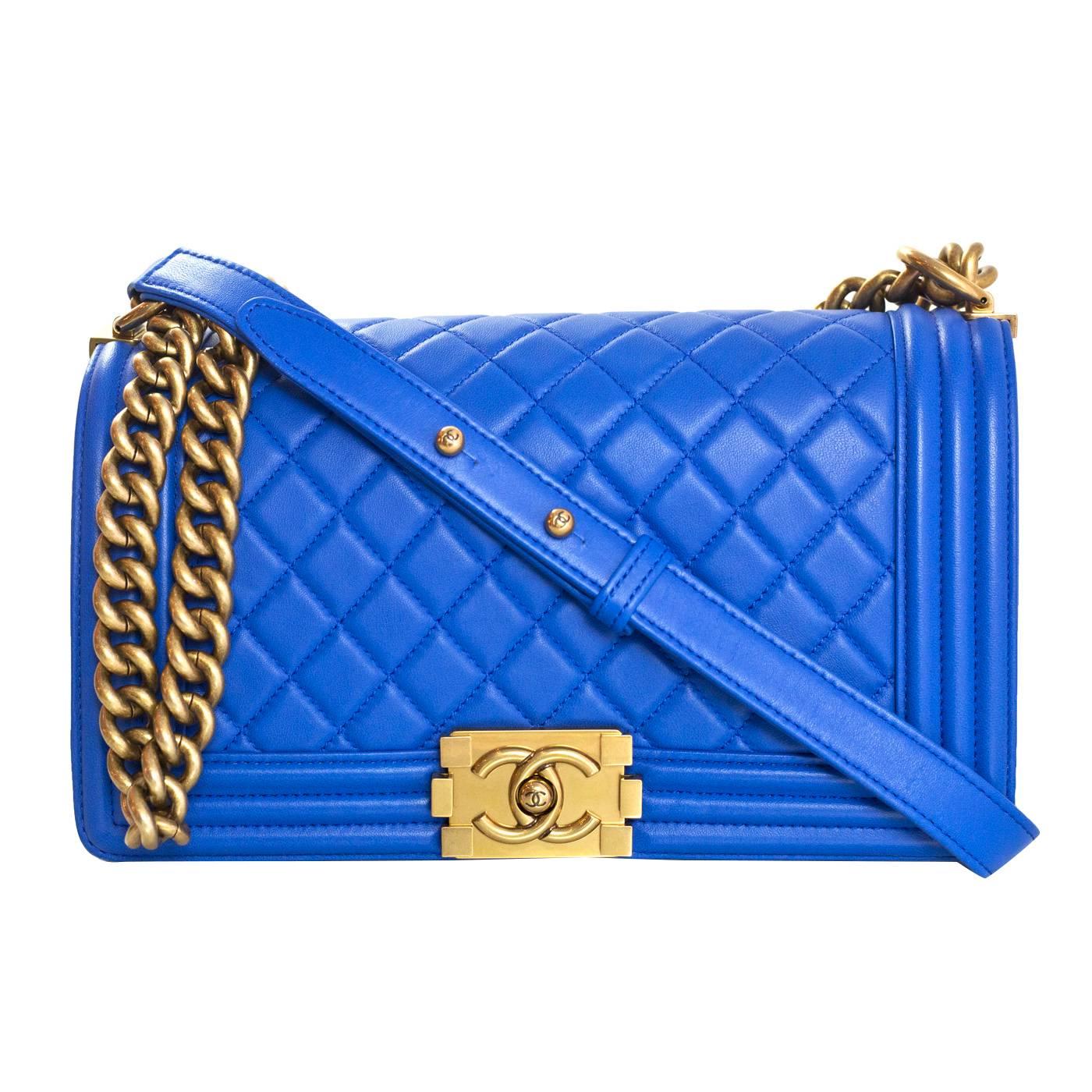 Chanel Cobalt Blue Quilted Lambskin Leather Medium Boy Bag GHW with Box