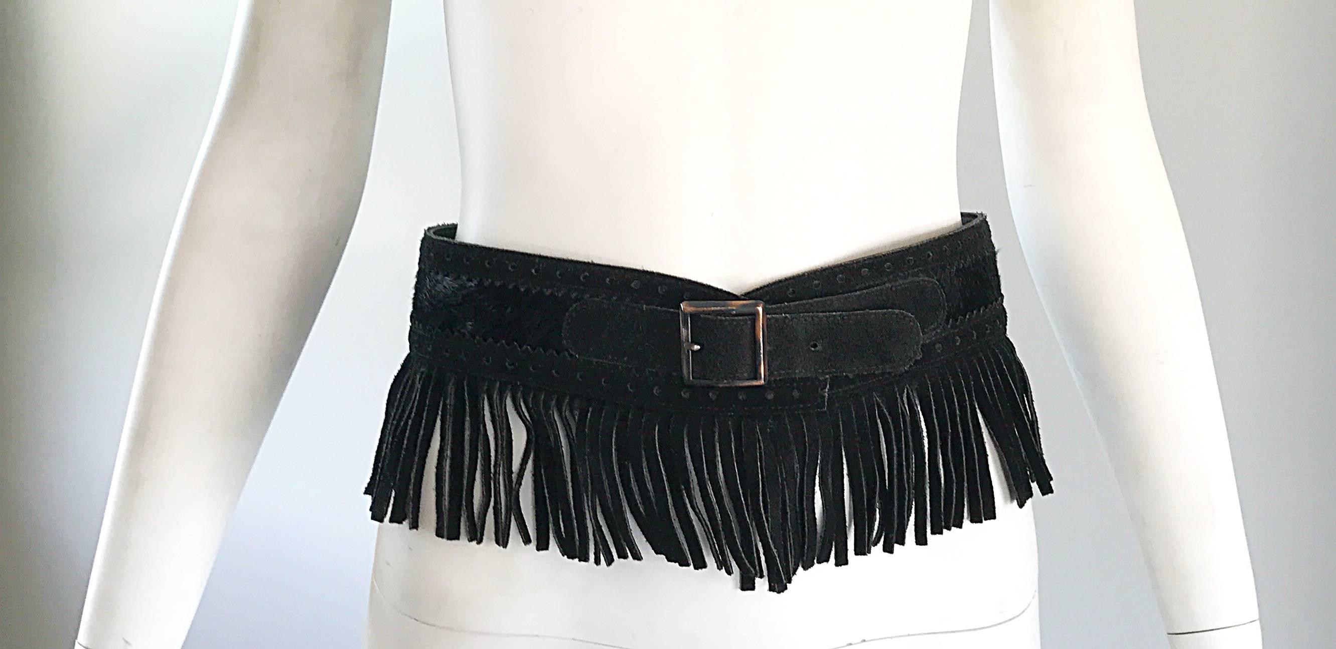 Rare, and so chic vintage YSL black leather suede + calf / pony hair wide fringed belt! Features black perforated suede trim, with a center calfhair in the middle. The fringe is cut from the actual belt, not sewn on. Impeccable quality with so much