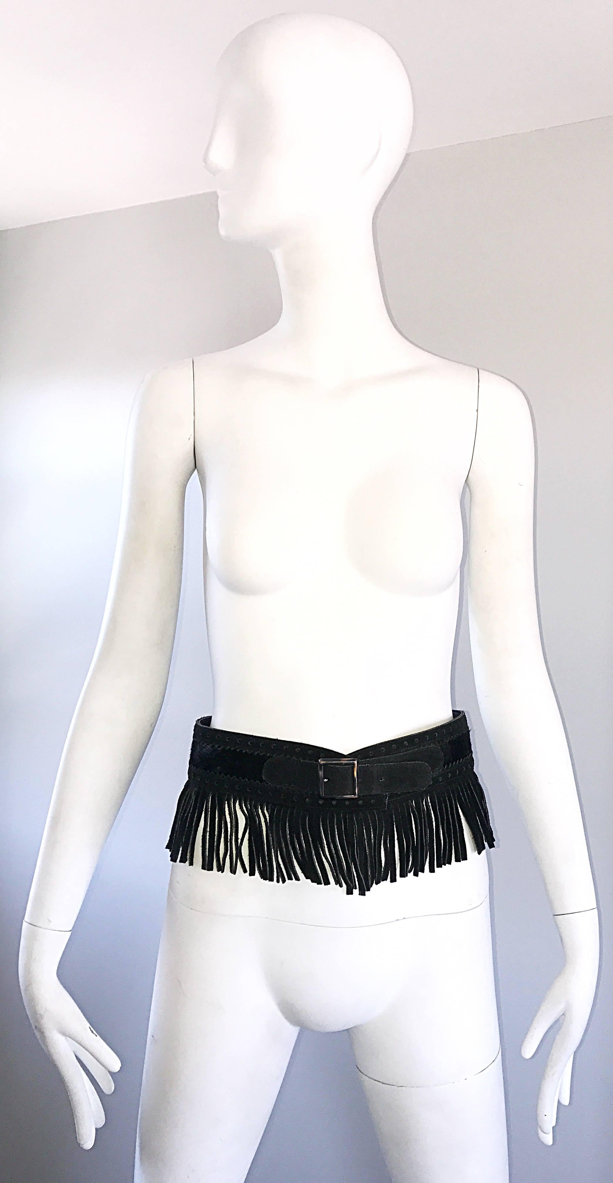 Women's Rare Vintage Yves Saint Lauren 1970s Black Leather Suede + Calf Hair Fringe Belt