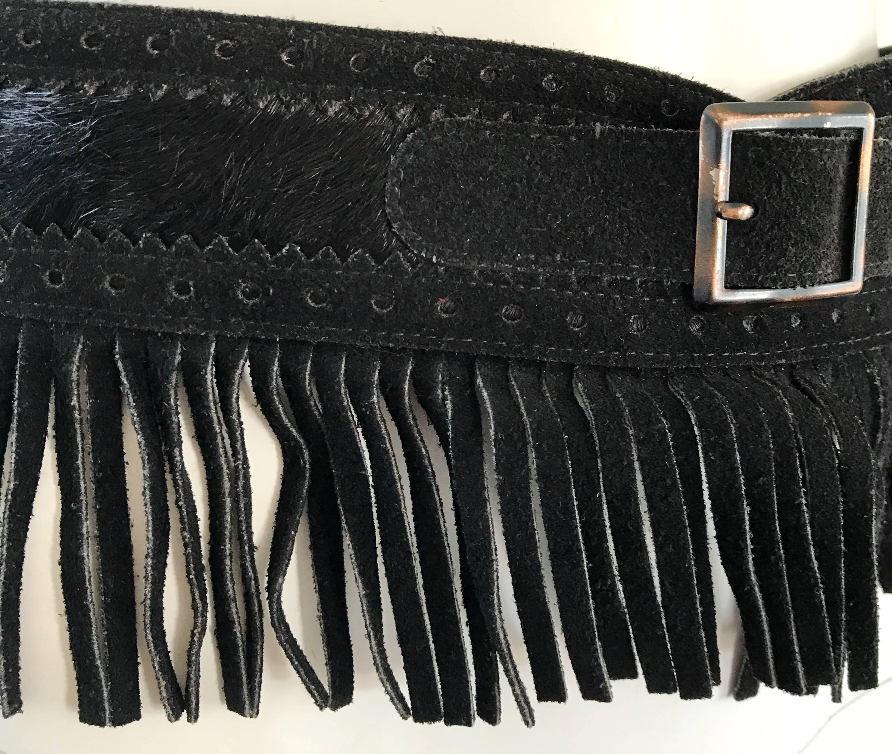 Rare Vintage Yves Saint Lauren 1970s Black Leather Suede + Calf Hair Fringe Belt 1