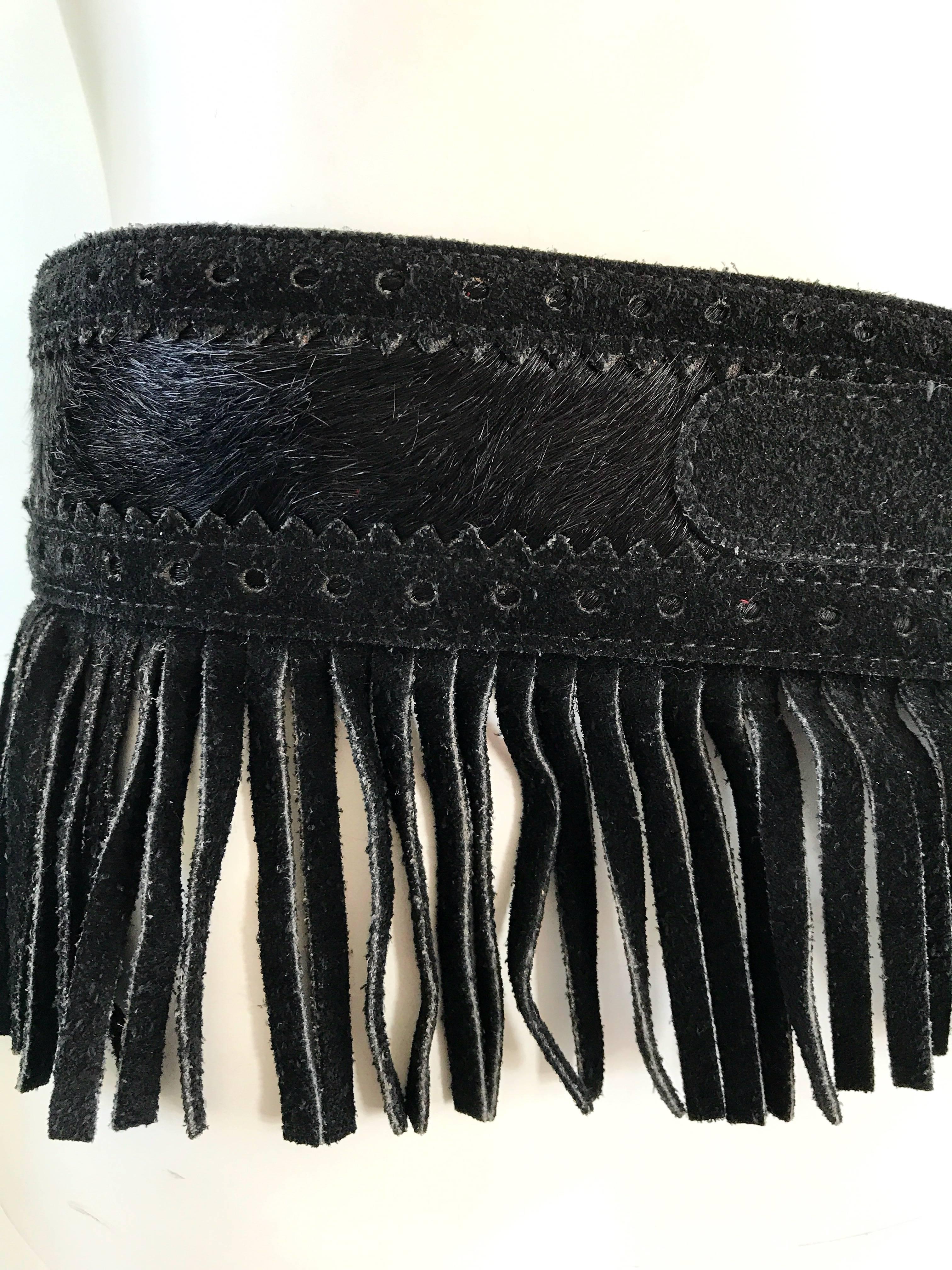 Rare Vintage Yves Saint Lauren 1970s Black Leather Suede + Calf Hair Fringe Belt 3