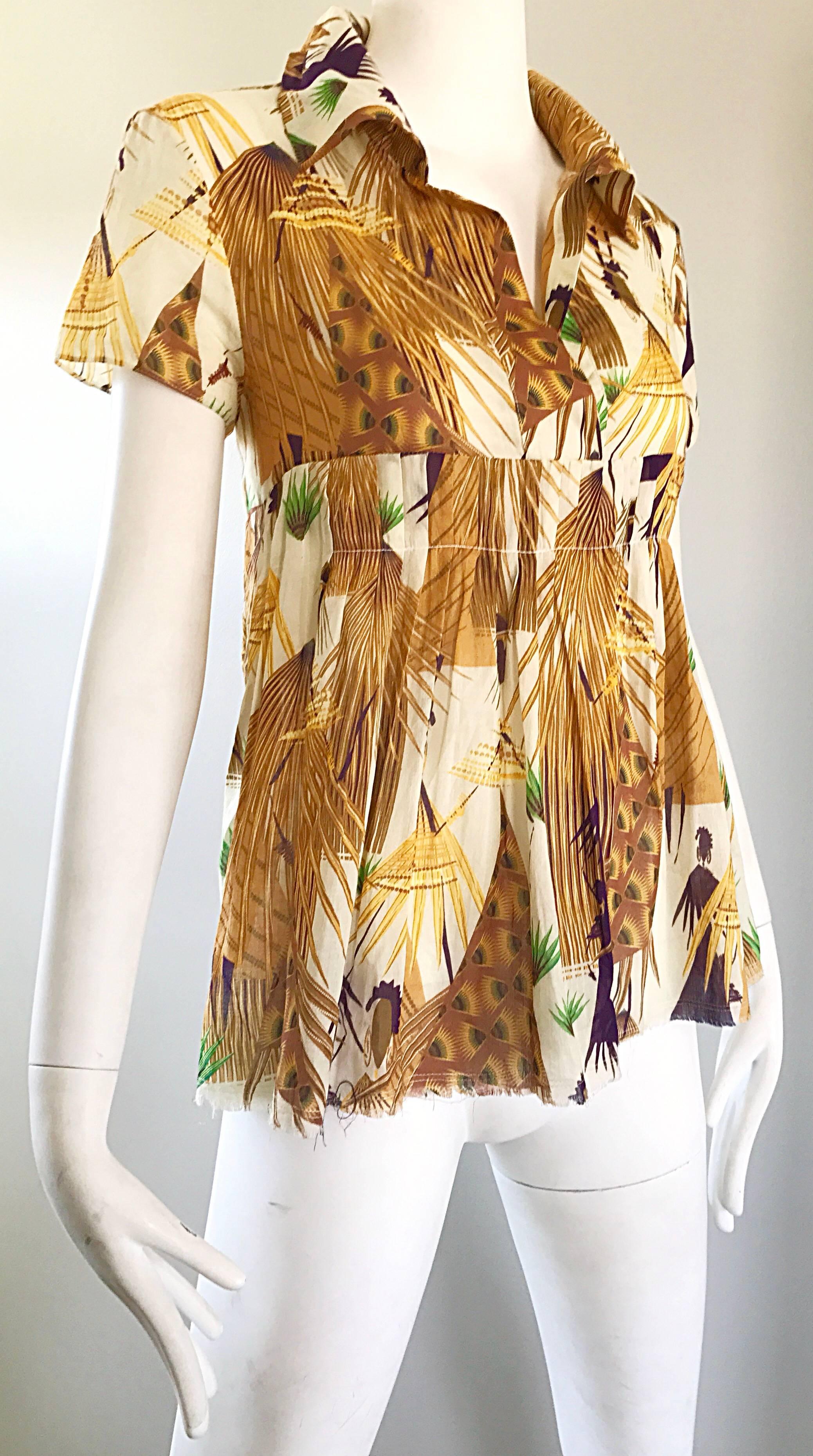 New Marni Spring 2017 Ethnic Peacock Feather Print Short Sleeve Babydoll Blouse In Excellent Condition In San Diego, CA