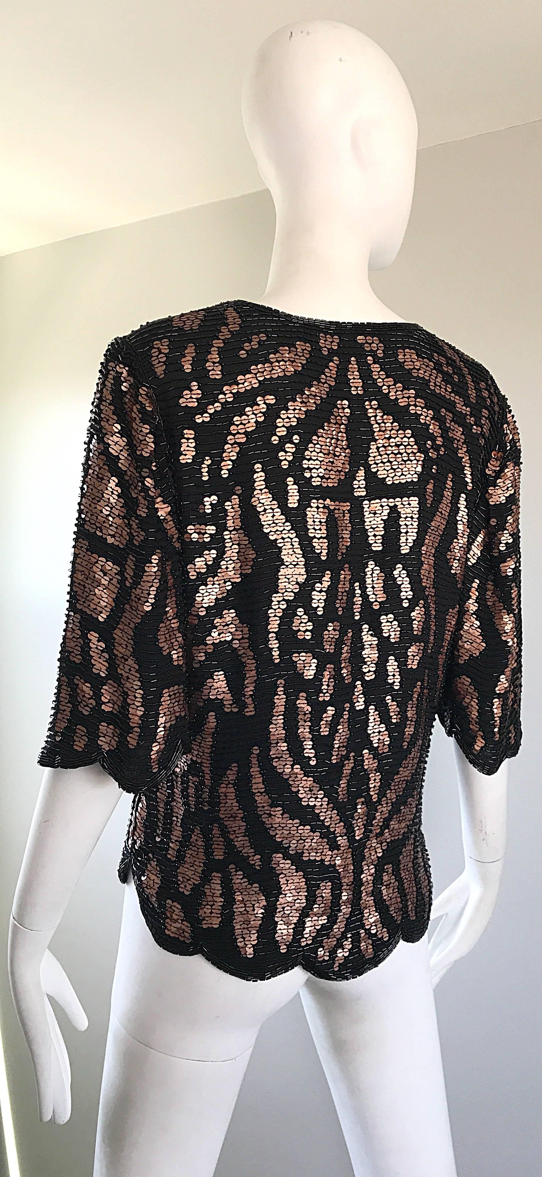 1990s Judith Ann Black + Copper Bronze Brown Animal Print Sequin Beaded Blouse In Excellent Condition For Sale In San Diego, CA