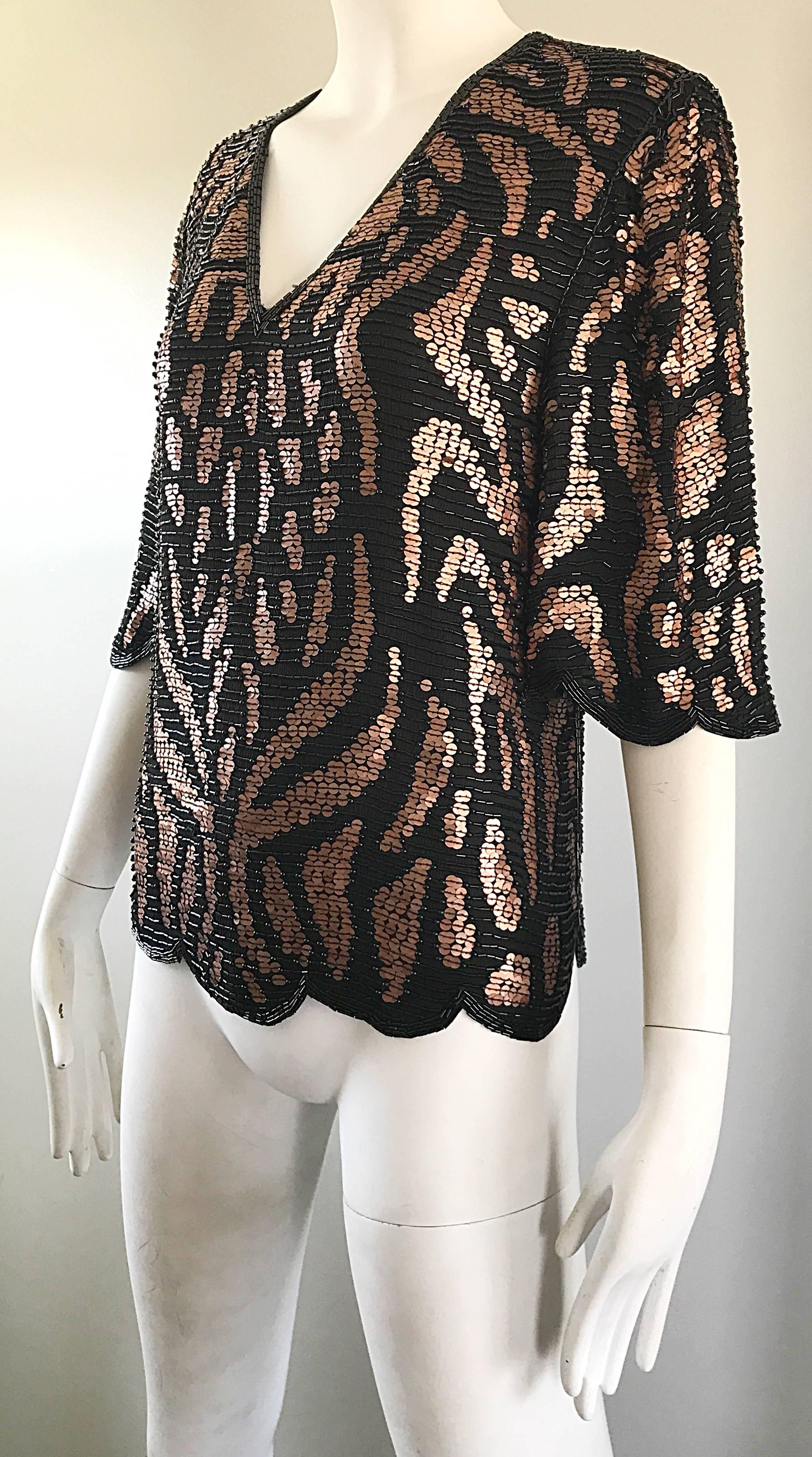 Women's 1990s Judith Ann Black + Copper Bronze Brown Animal Print Sequin Beaded Blouse For Sale