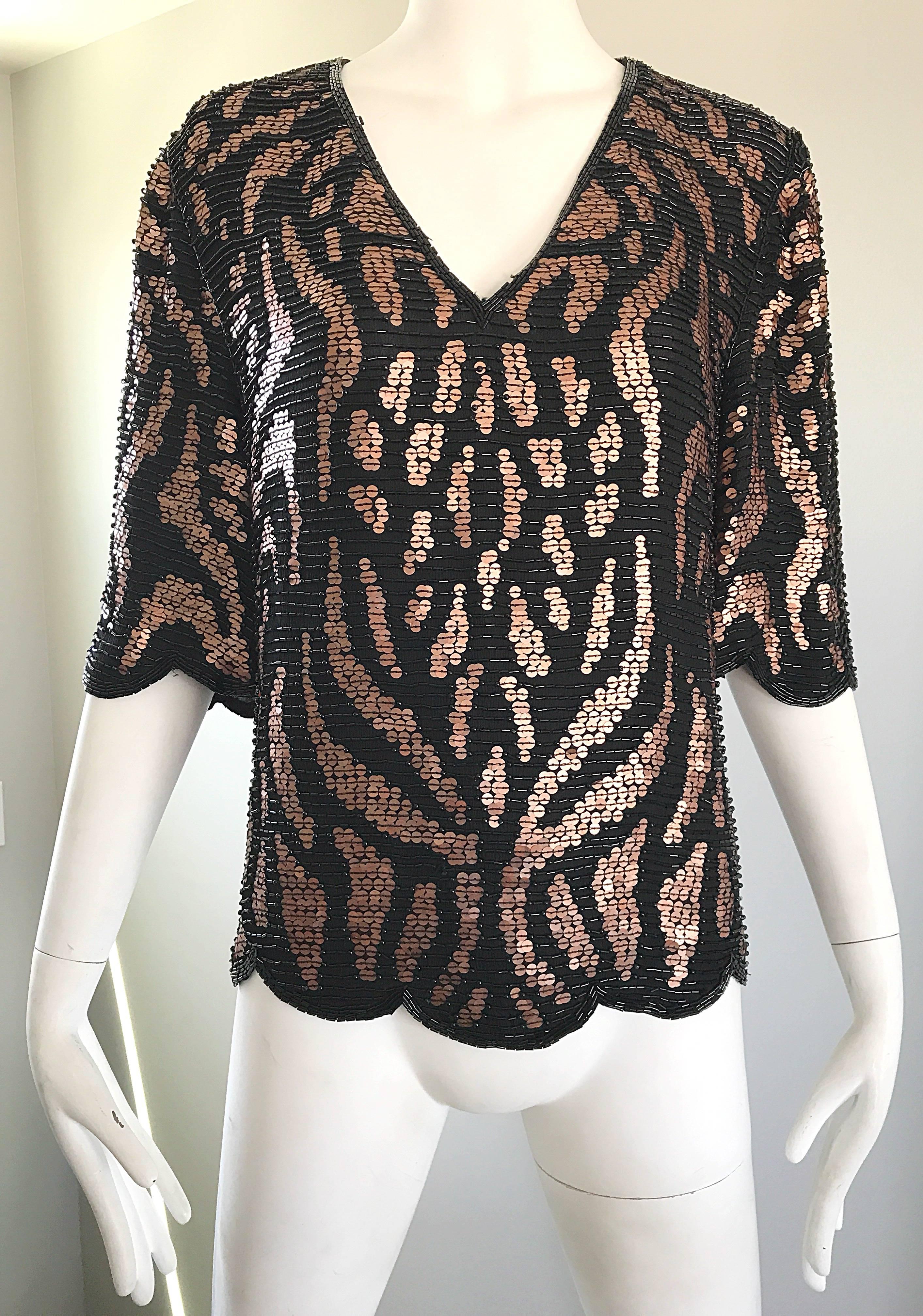 1990s Judith Ann Black + Copper Bronze Brown Animal Print Sequin Beaded Blouse For Sale 3