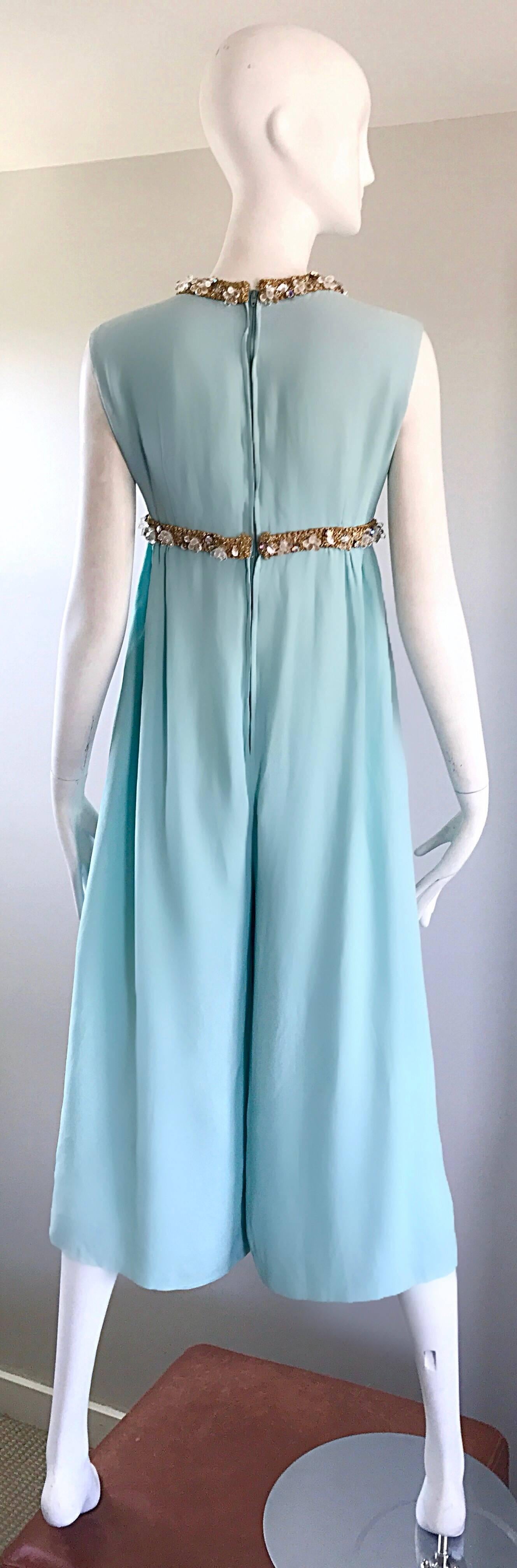 Amazing 1960s Pale Blue Silk Crepe Rhinestone Beaded Cropped Culottes Jumpsuit In Excellent Condition In San Diego, CA