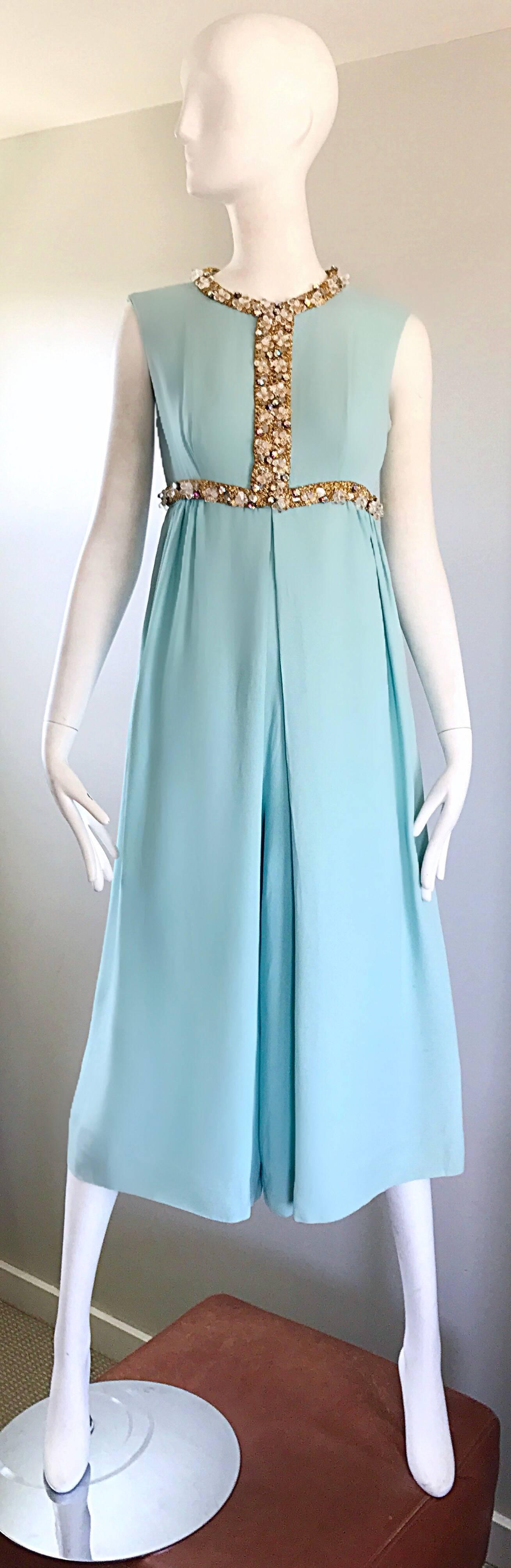 Amazing 1960s Pale Blue Silk Crepe Rhinestone Beaded Cropped Culottes Jumpsuit 2