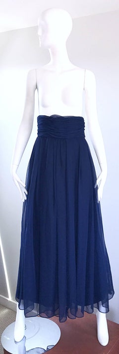 Vintage Victor Costa Palazzo Pants High Waisted Navy Blue Chiffon Trousers Chic