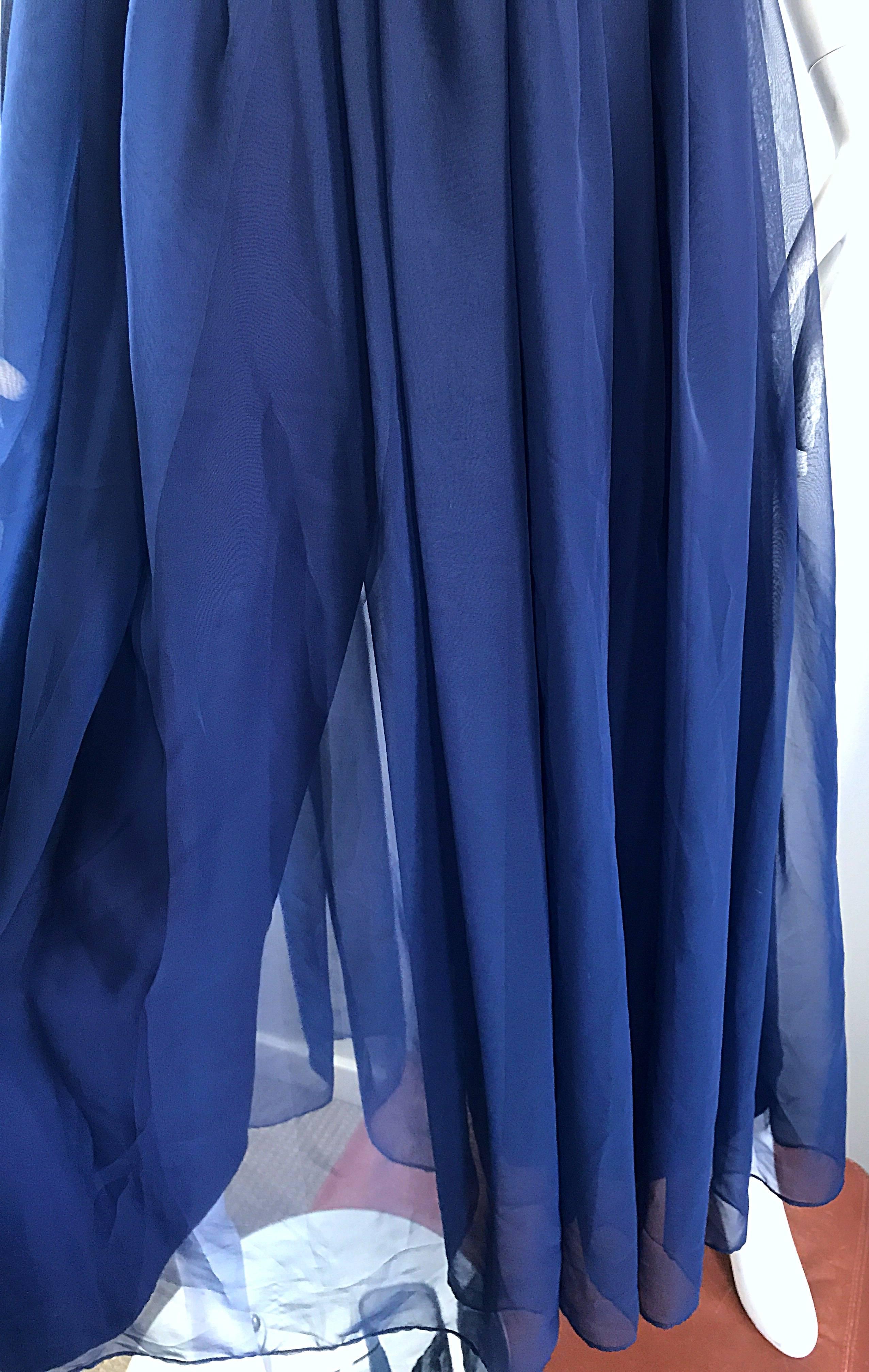 Victor Costa - Pantalon Palazzo à taille haute en mousseline bleu marine, chic et vintage en vente 3